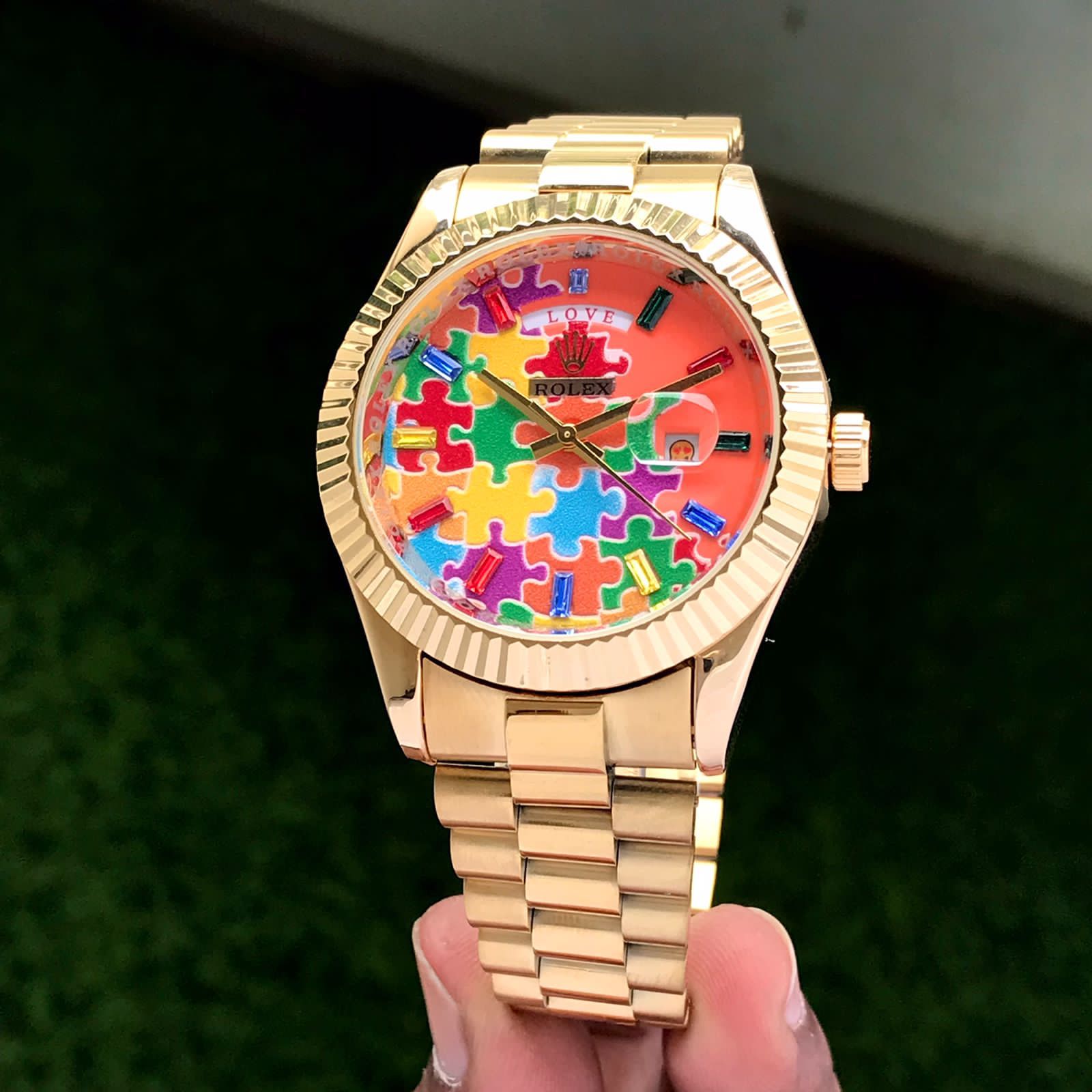 Premium Gold Stainless Steel Watch Orange Multicolor Puzzle Dial Fluted Bezel Statement Luxury Watch – Men
