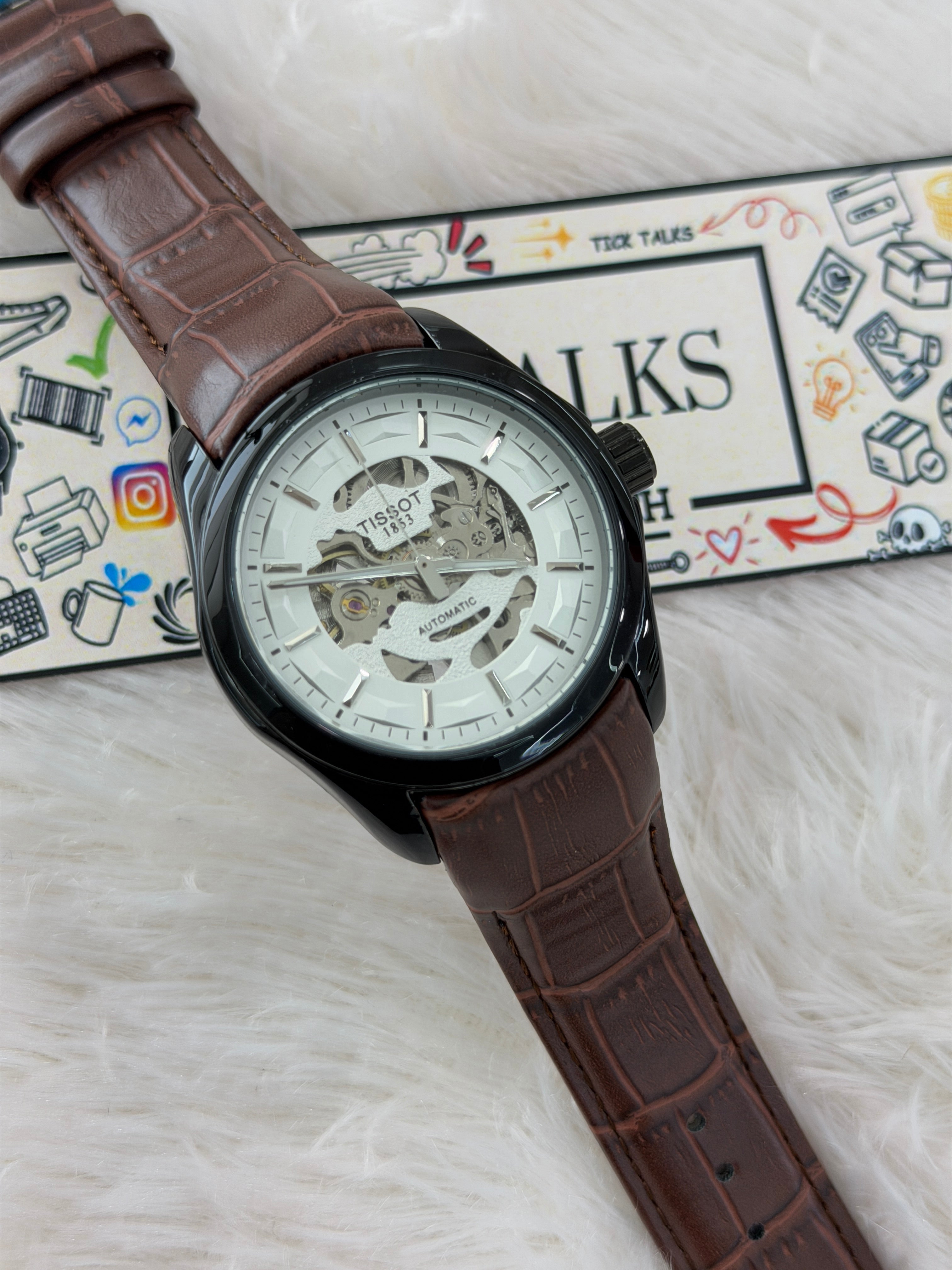 Premium White Skeleton Dial Brown Leather Strap Watch – Men