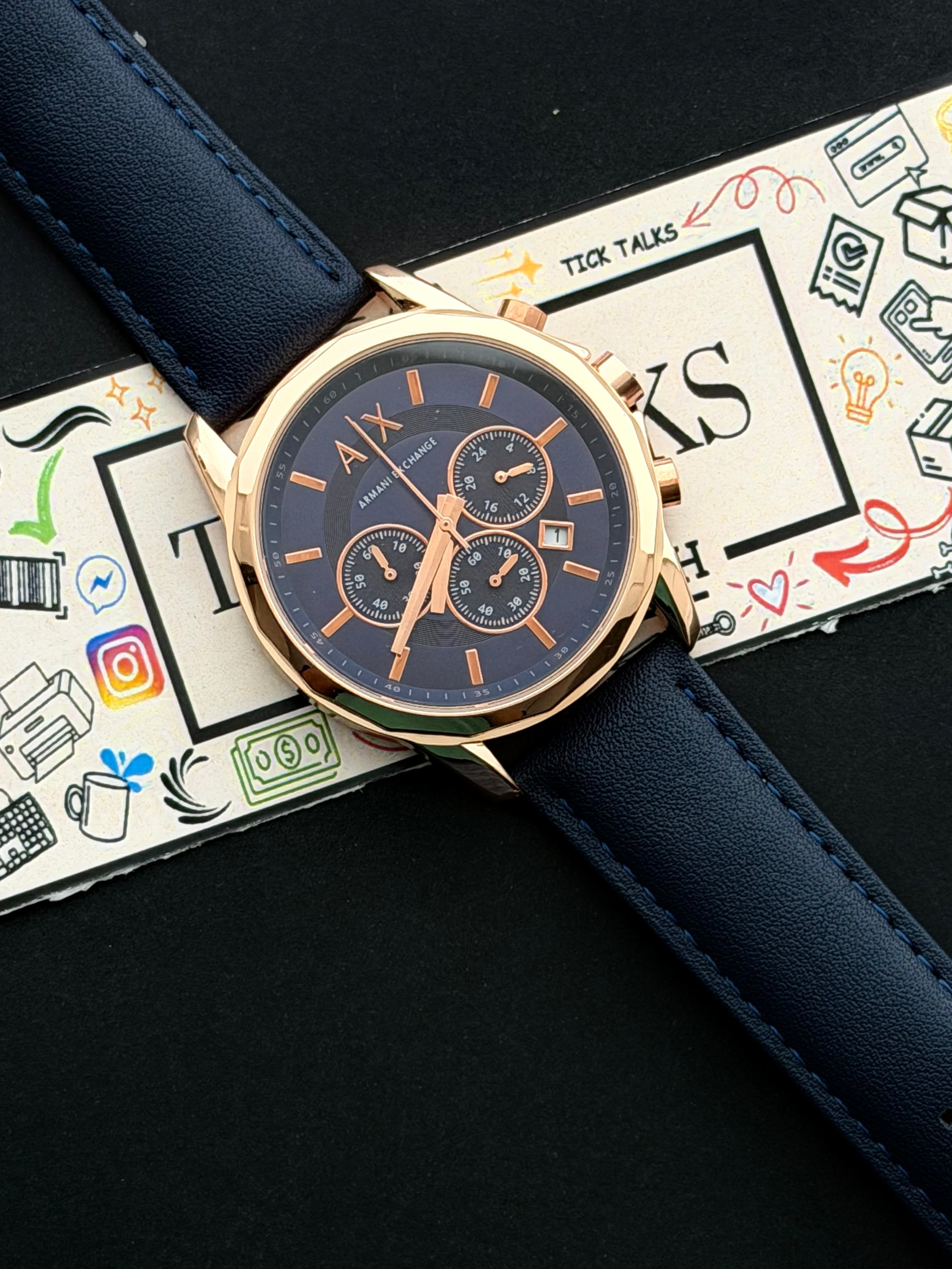 Premium Rose Gold Blue Chronograph Leather Luxury Watch – Men