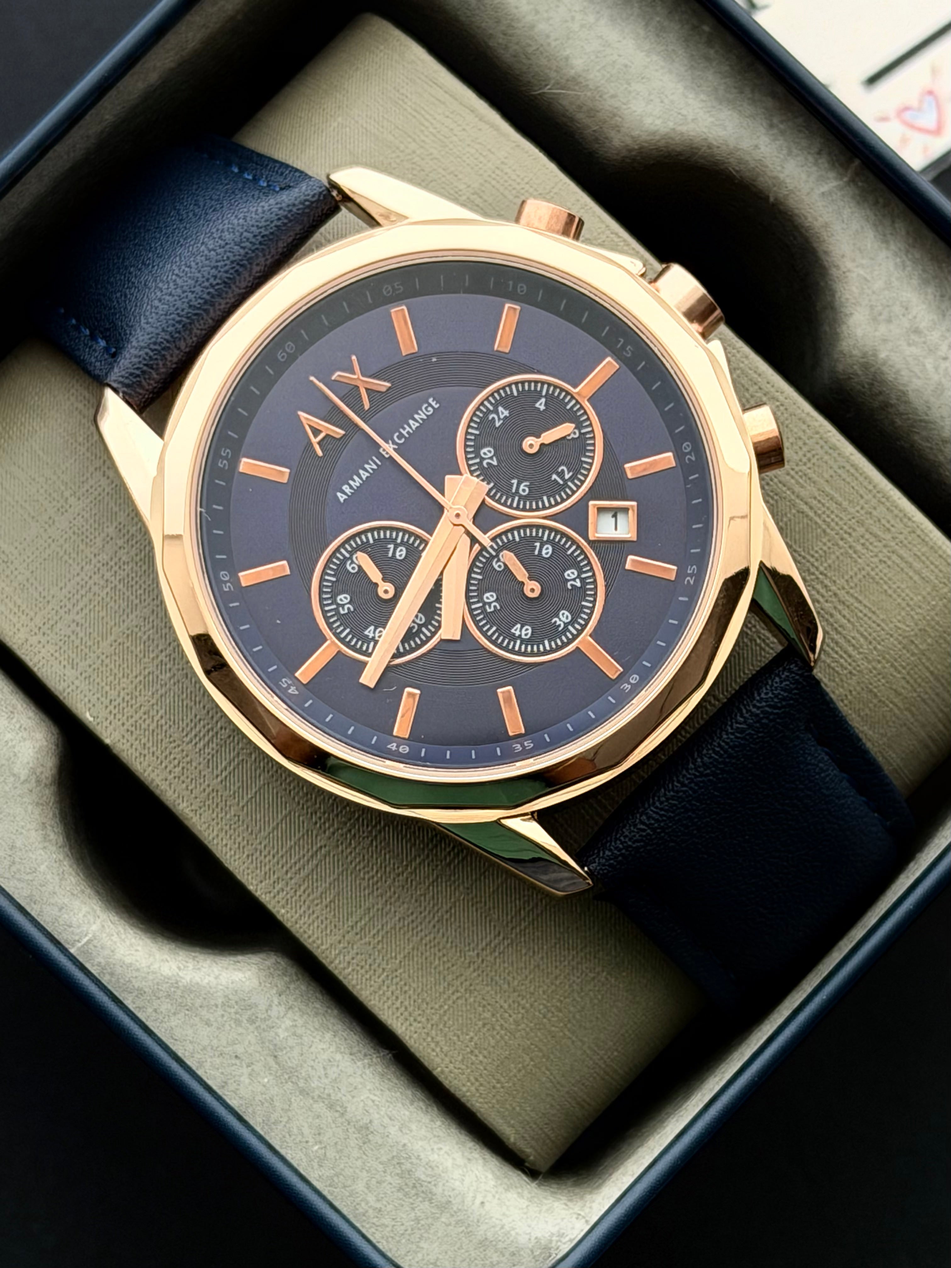 Premium Rose Gold Blue Chronograph Leather Luxury Watch – Men