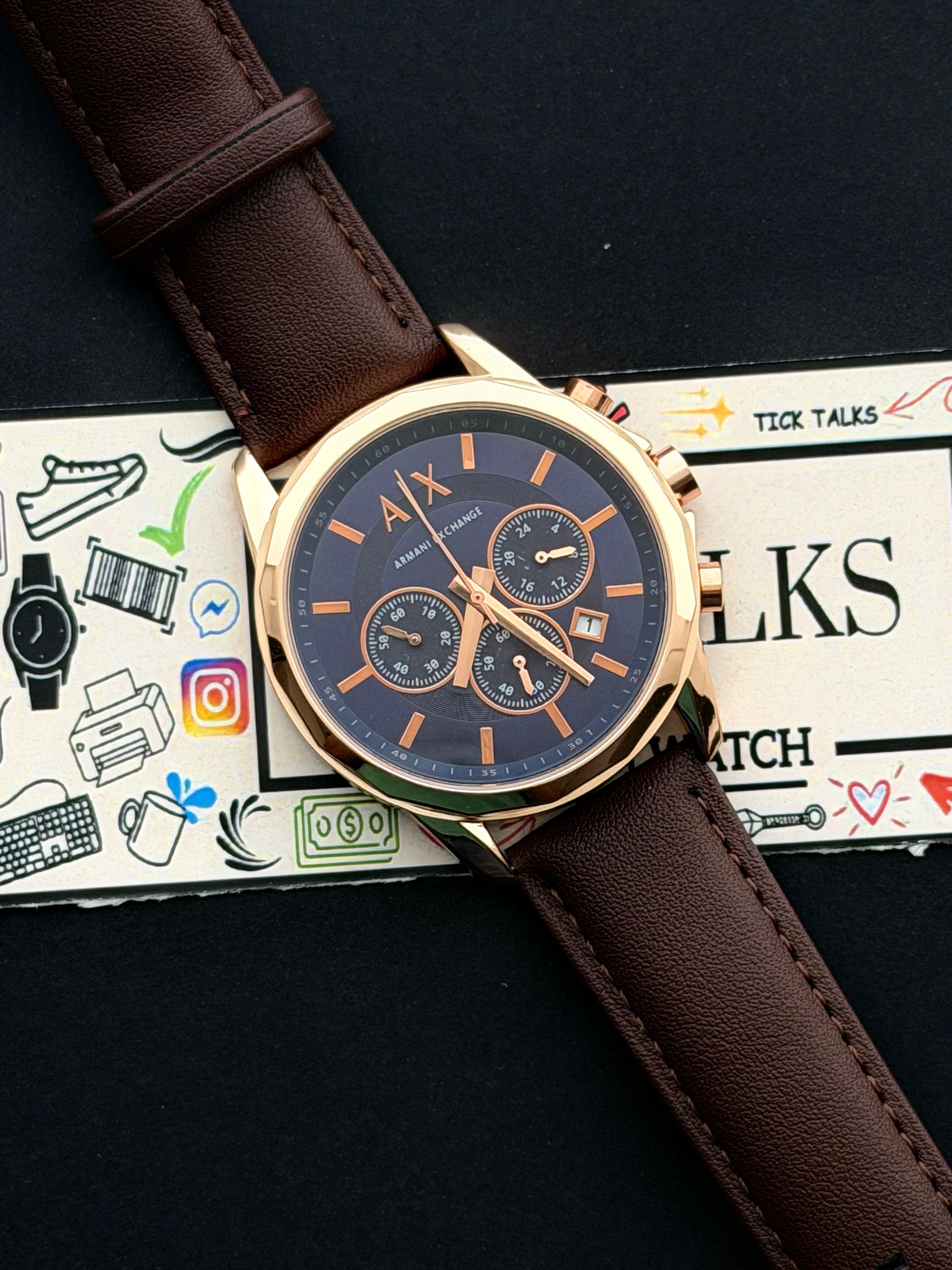 Premium Rose Gold Blue Chronograph Leather Luxury Watch – Men