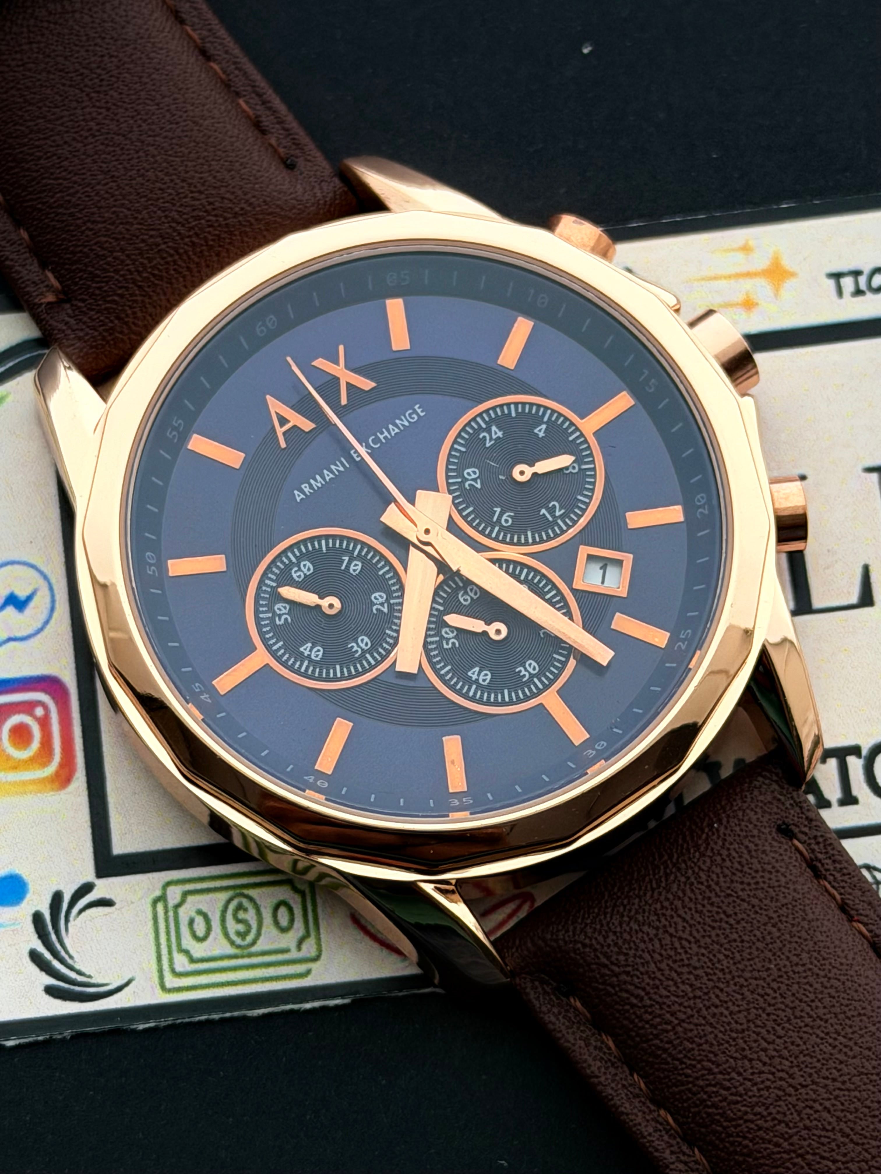 Premium Rose Gold Blue Chronograph Leather Luxury Watch – Men