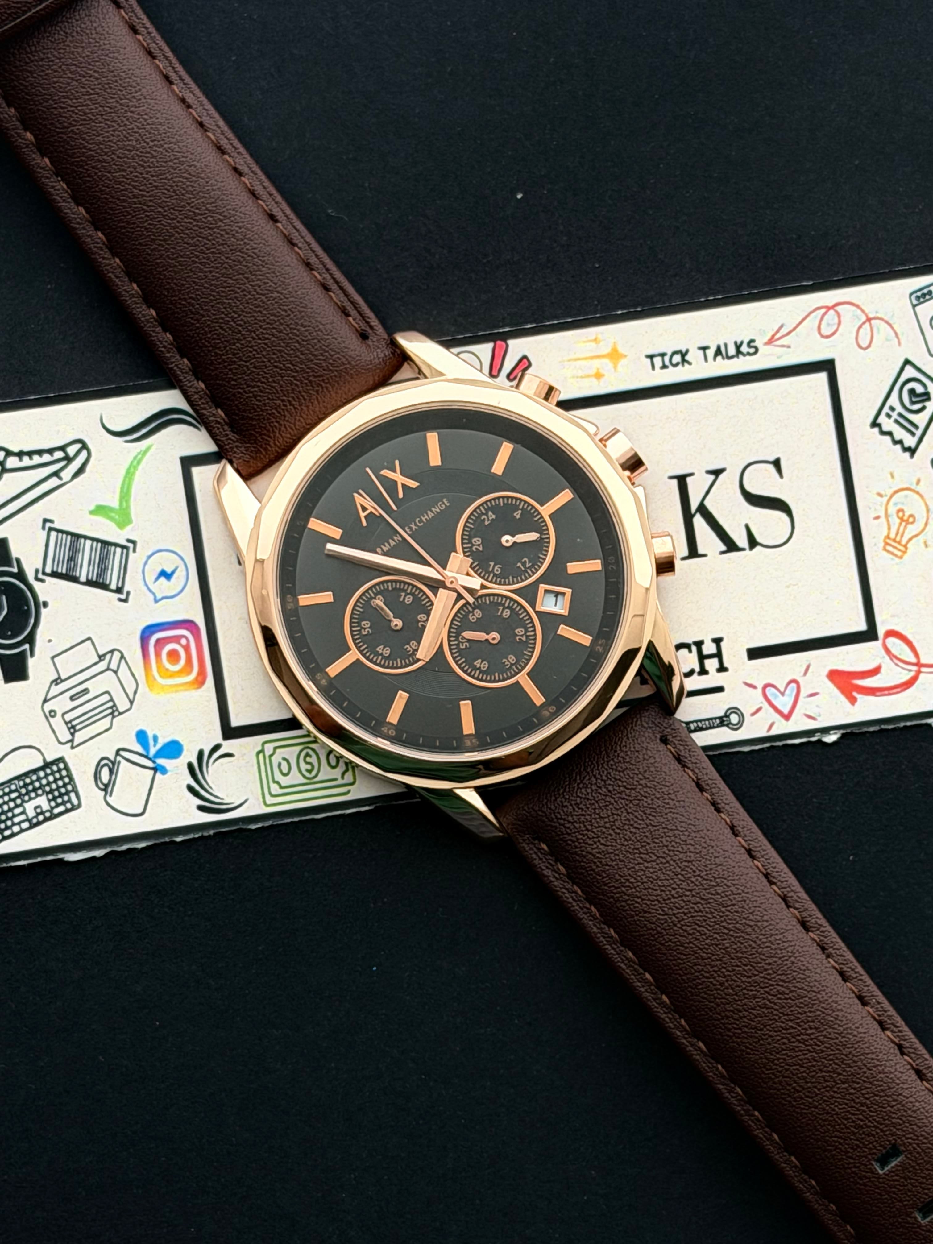 Premium Rose Gold Black Chronograph Leather Luxury Watch – Men