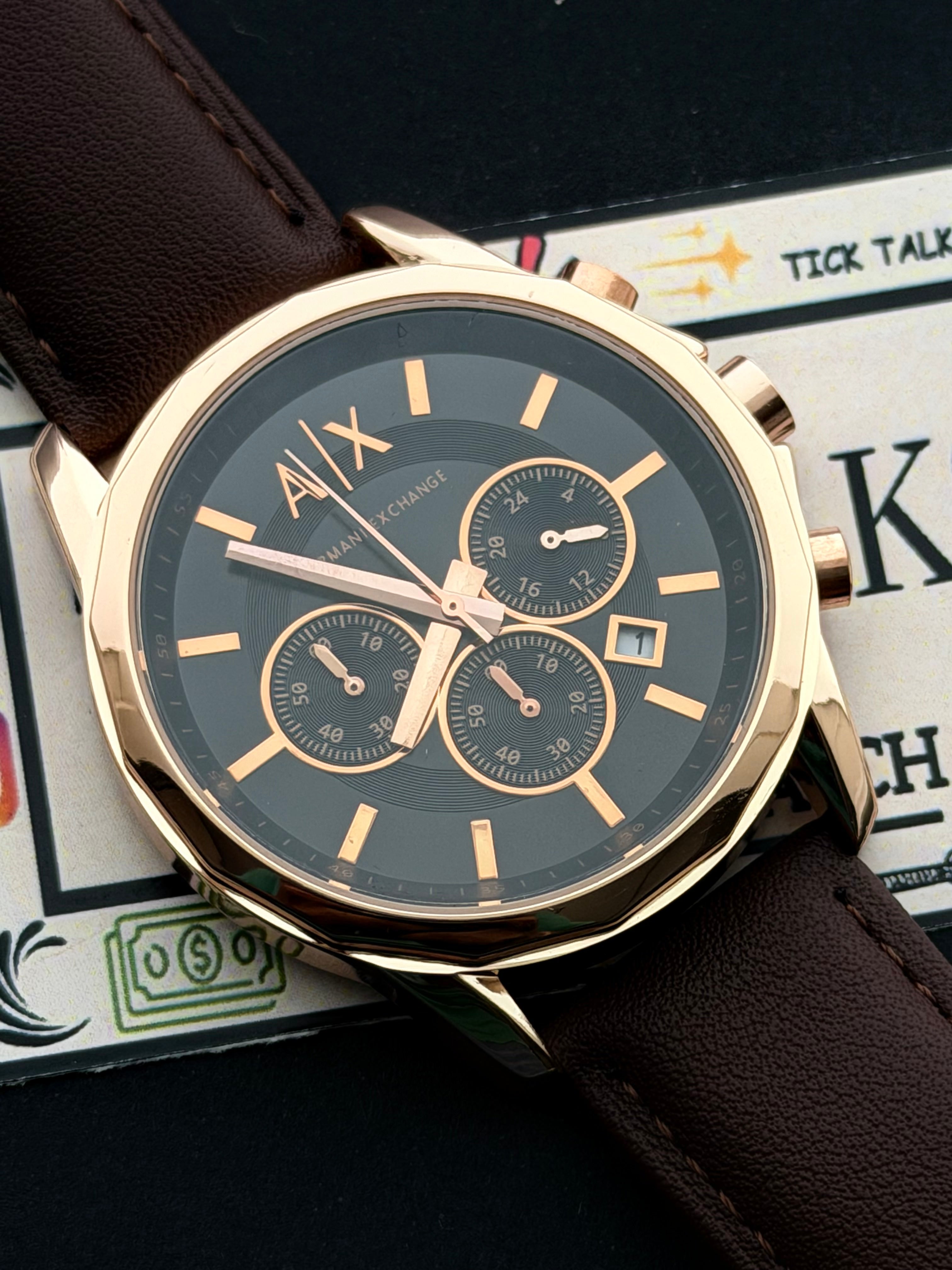 Premium Rose Gold Black Chronograph Leather Luxury Watch – Men