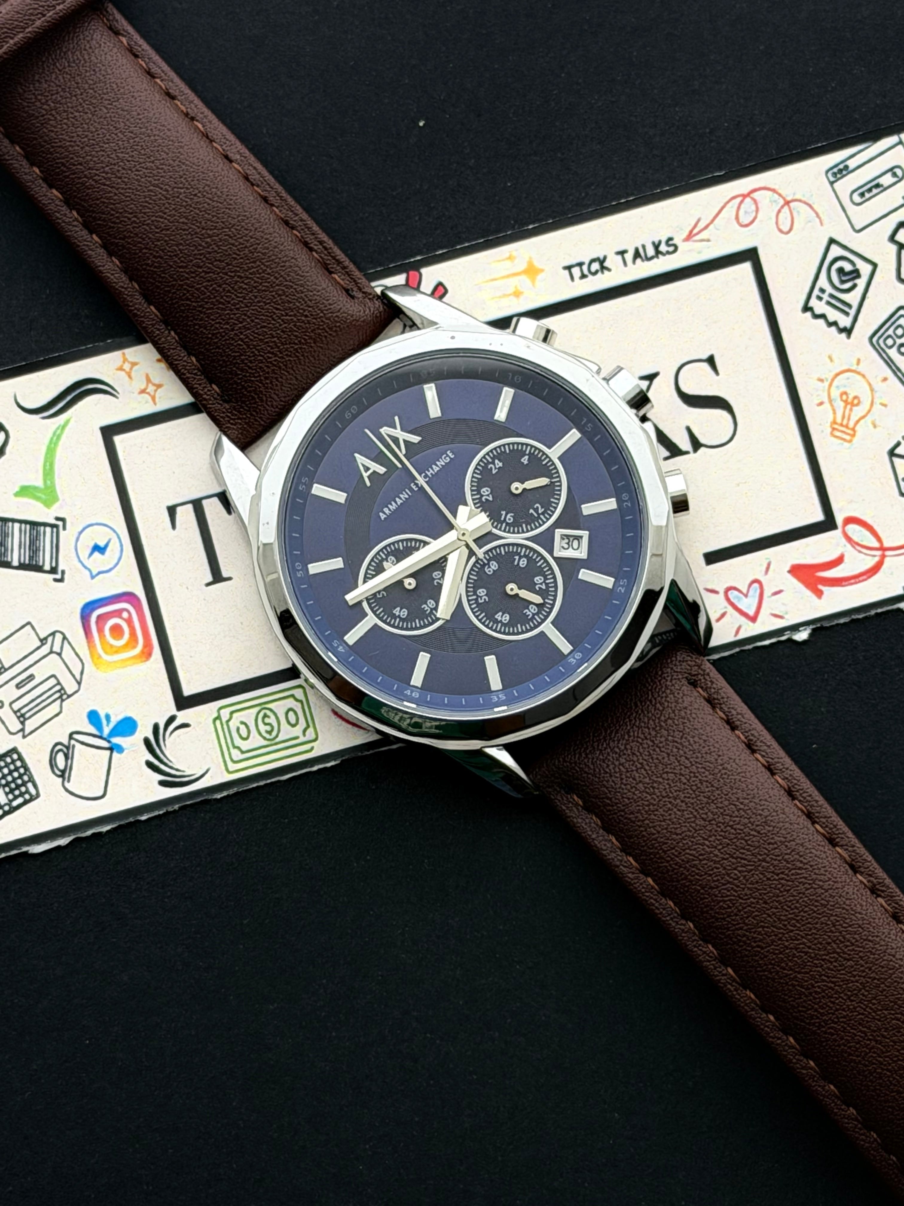 Premium Silver Blue Chronograph Leather Luxury Watch – Men