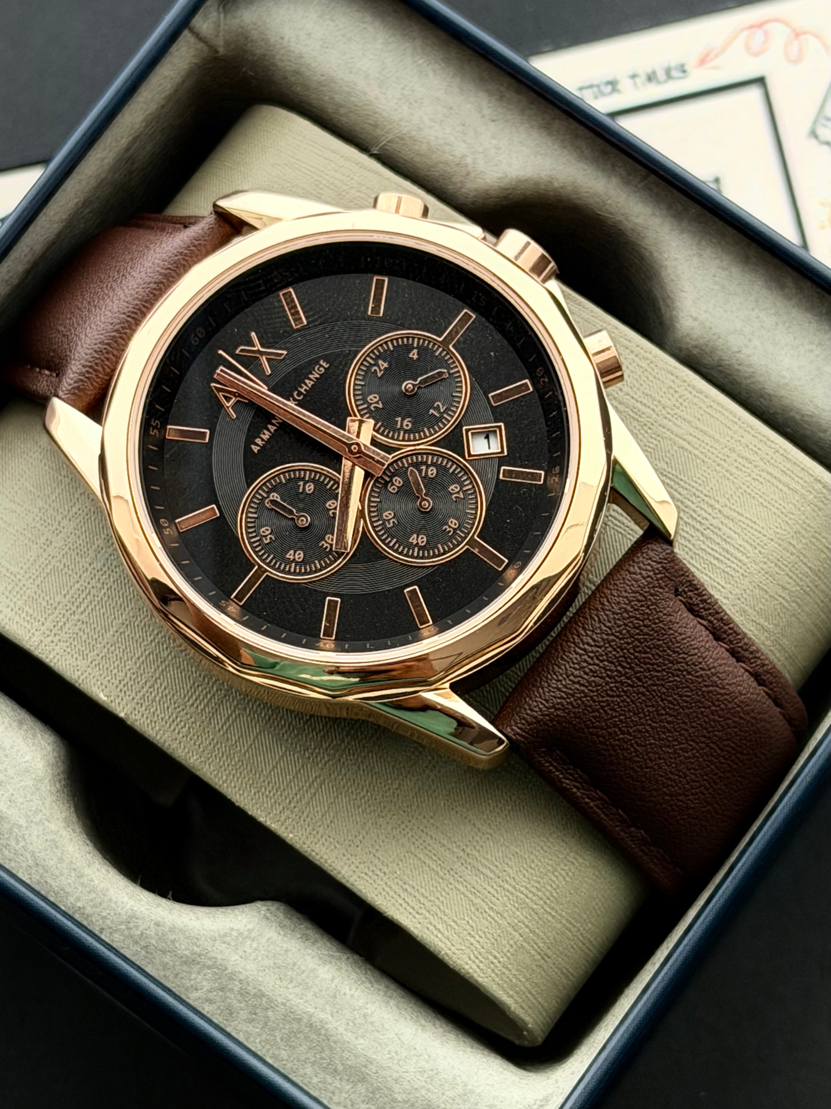 Premium Rose Gold Black Chronograph Leather Luxury Watch – Men