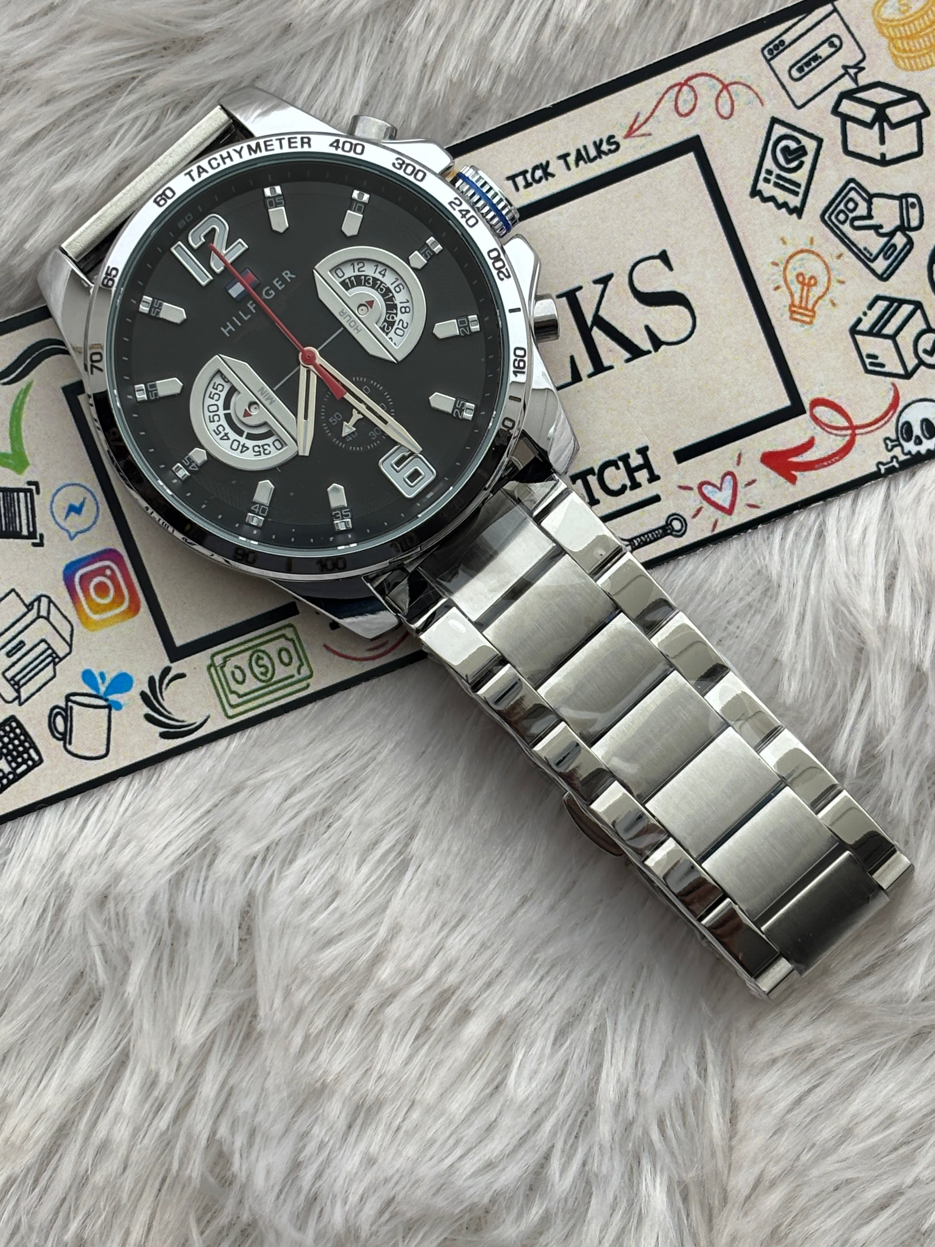 Premium Silver Multifunction Style Luxury Watch Black Dial Stainless Steel Bracelet – Men