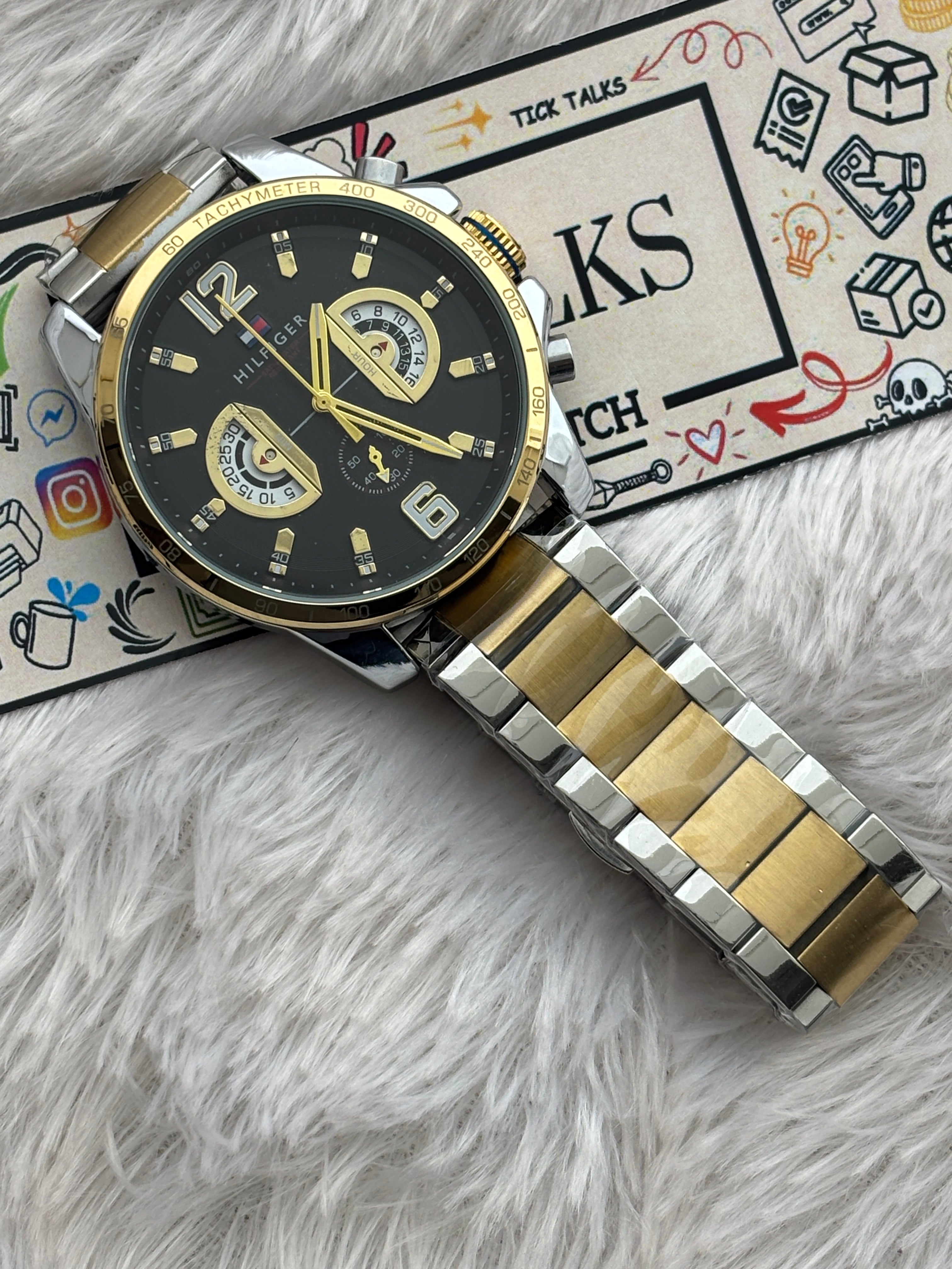 Premium Two-Tone Multifunction Style Luxury Watch Black Dial Stainless Steel Bracelet – Men