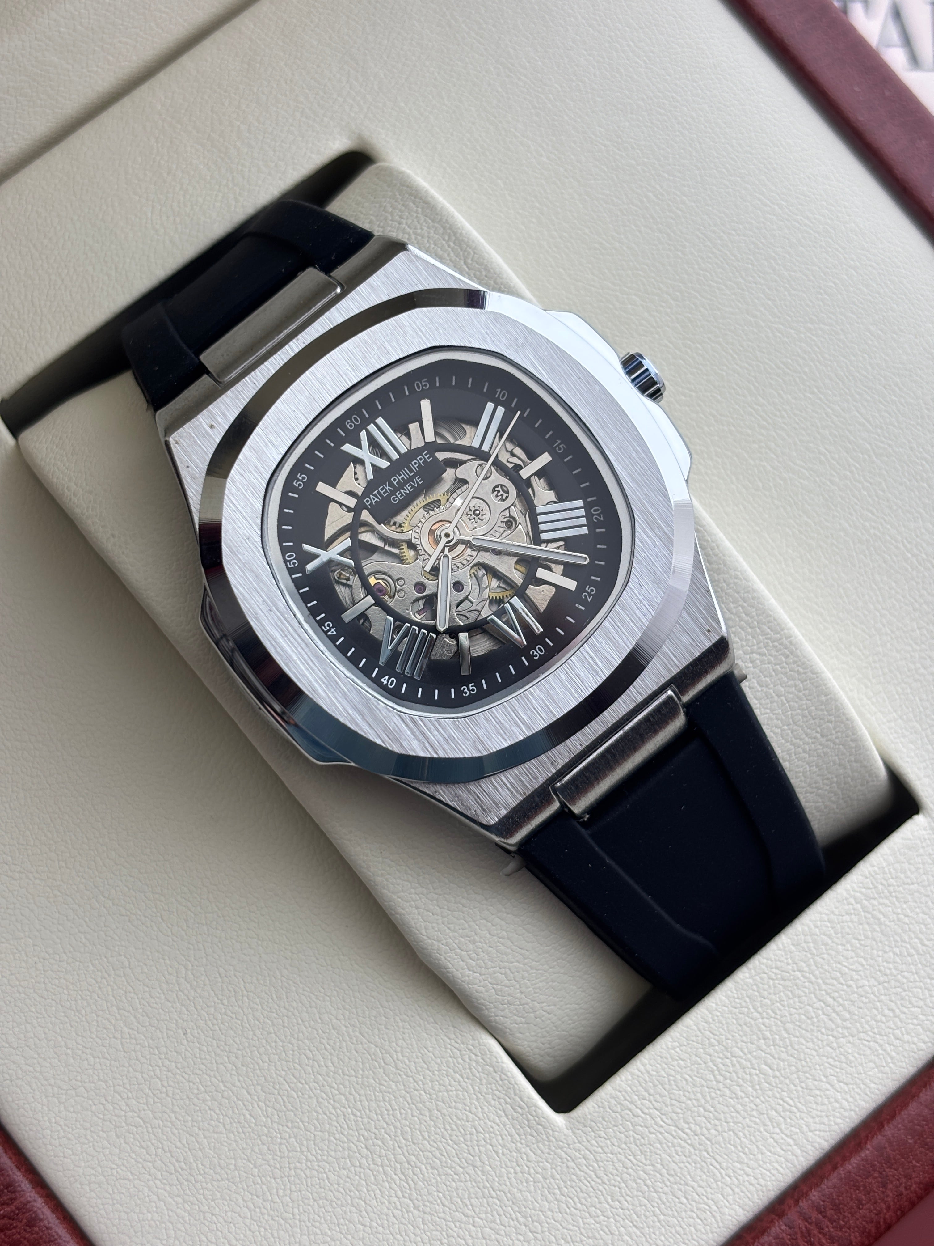 Premium Silver Skeleton Automatic Rubber Strap Luxury Watch – Men