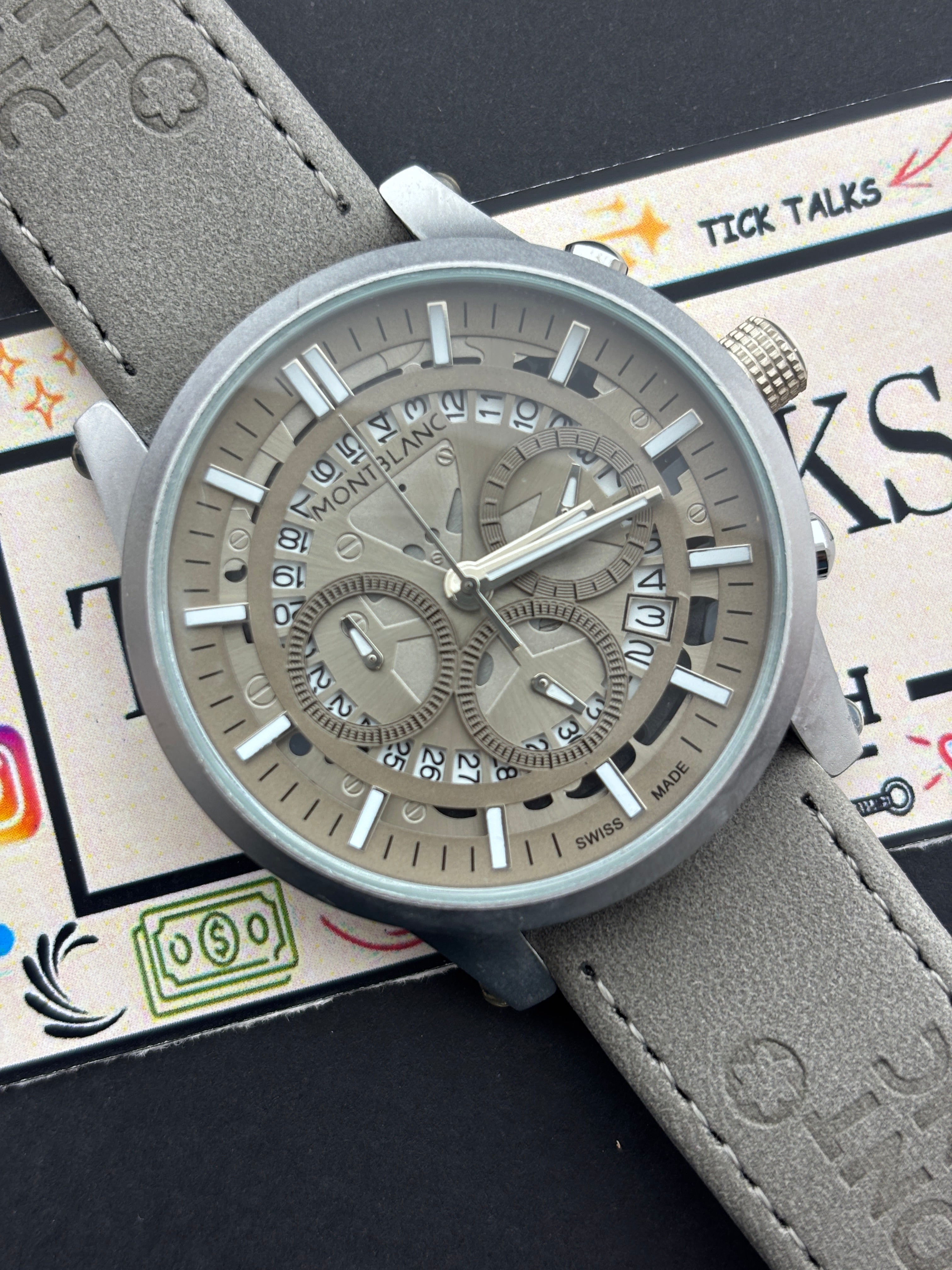Premium Grey Skeleton Chronograph Leather Strap Luxury Watch – Men