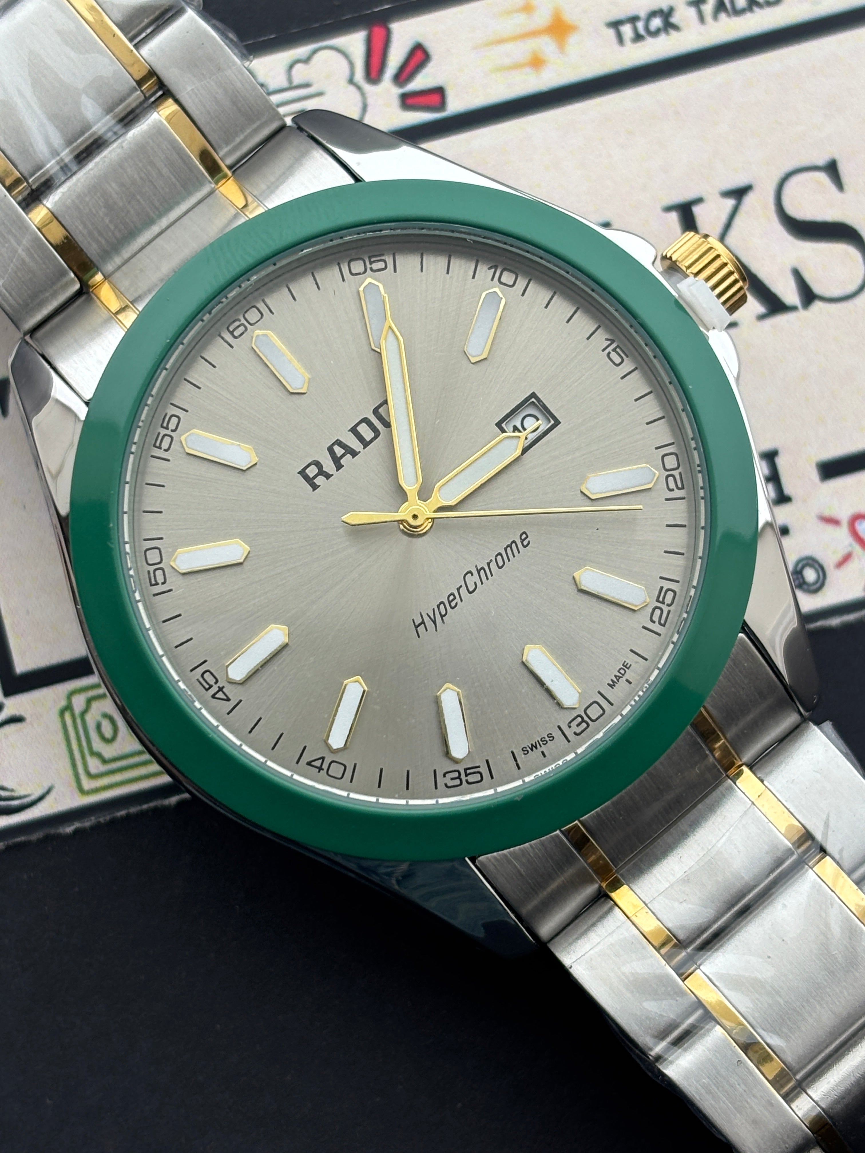 Premium Two-Tone Green Bezel Luxury Watch Silver Dial Steel Bracelet – Men