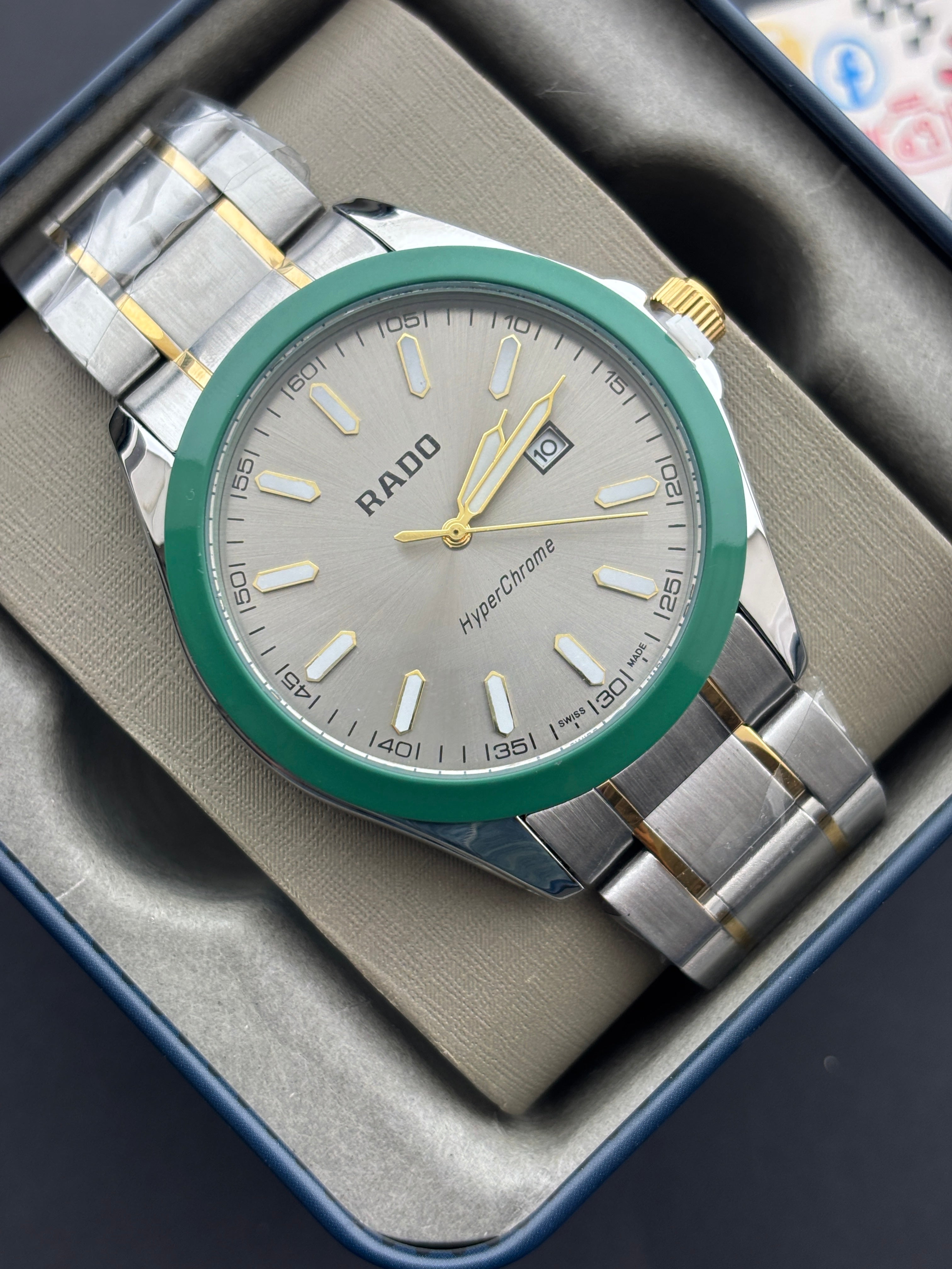 Premium Two-Tone Green Bezel Luxury Watch Silver Dial Steel Bracelet – Men