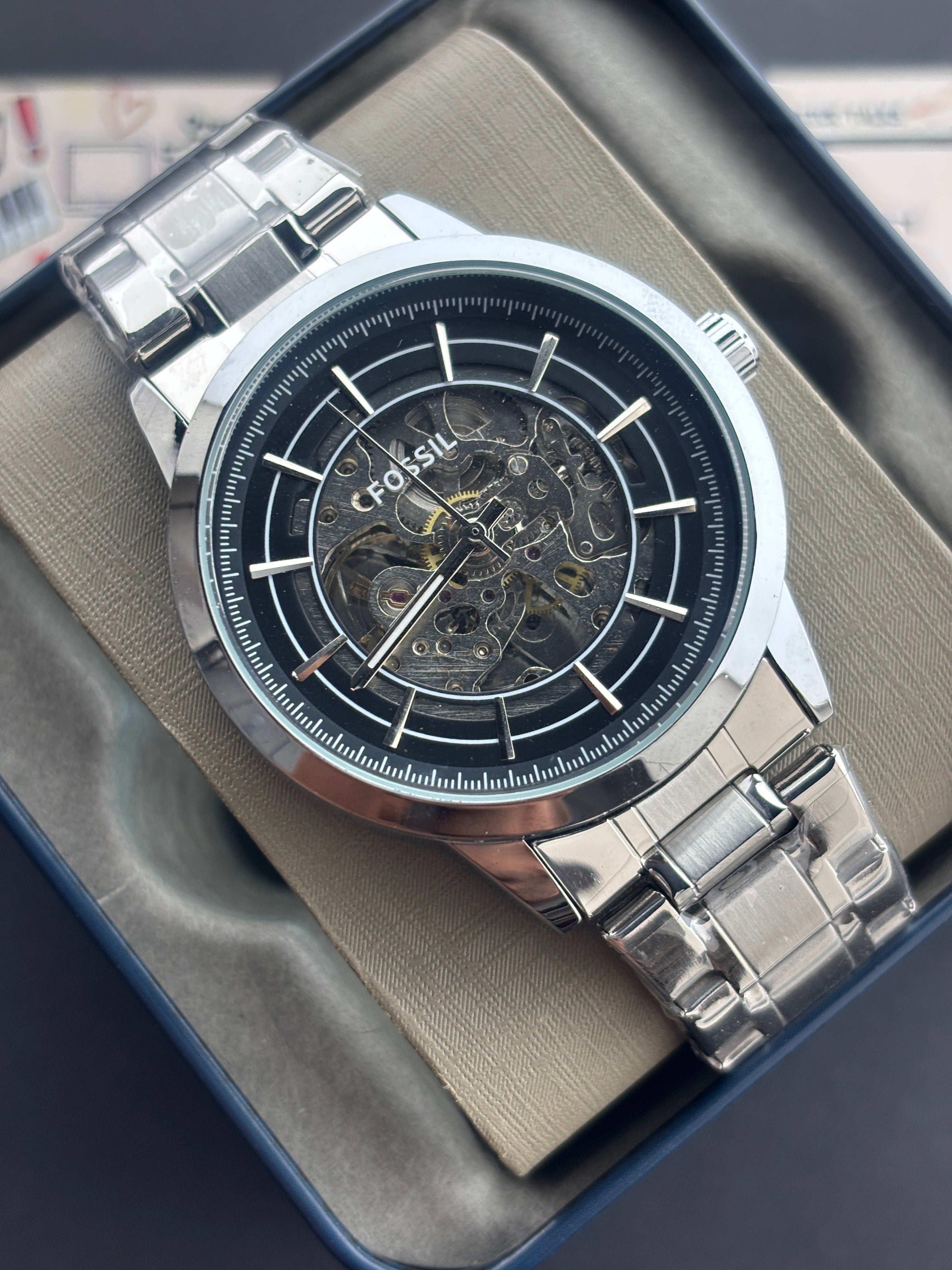 Premium Skeleton Automatic Style Luxury Watch Silver Dial Stainless Steel Bracelet – Men