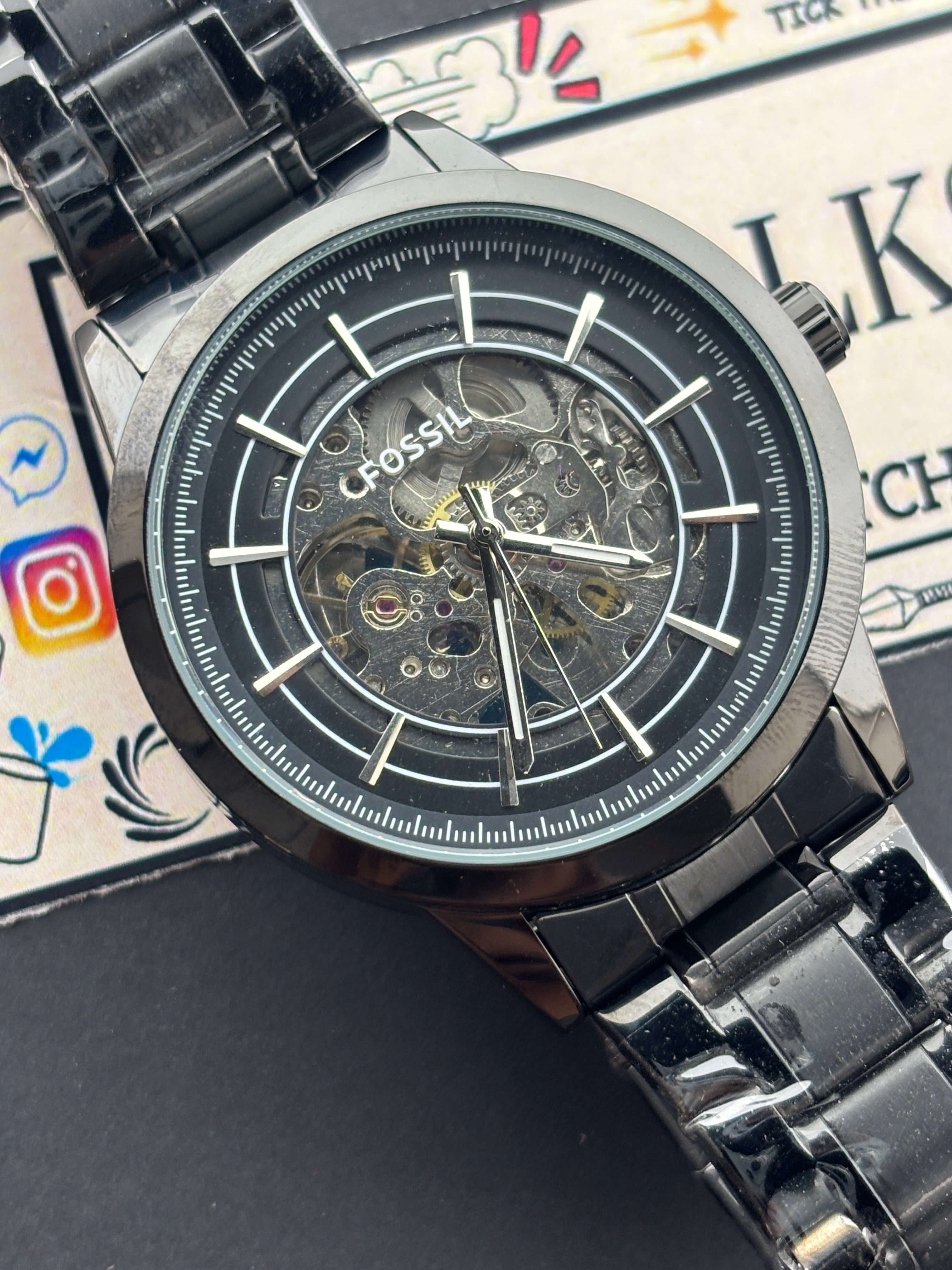 Premium Black Skeleton Automatic Watch – Men