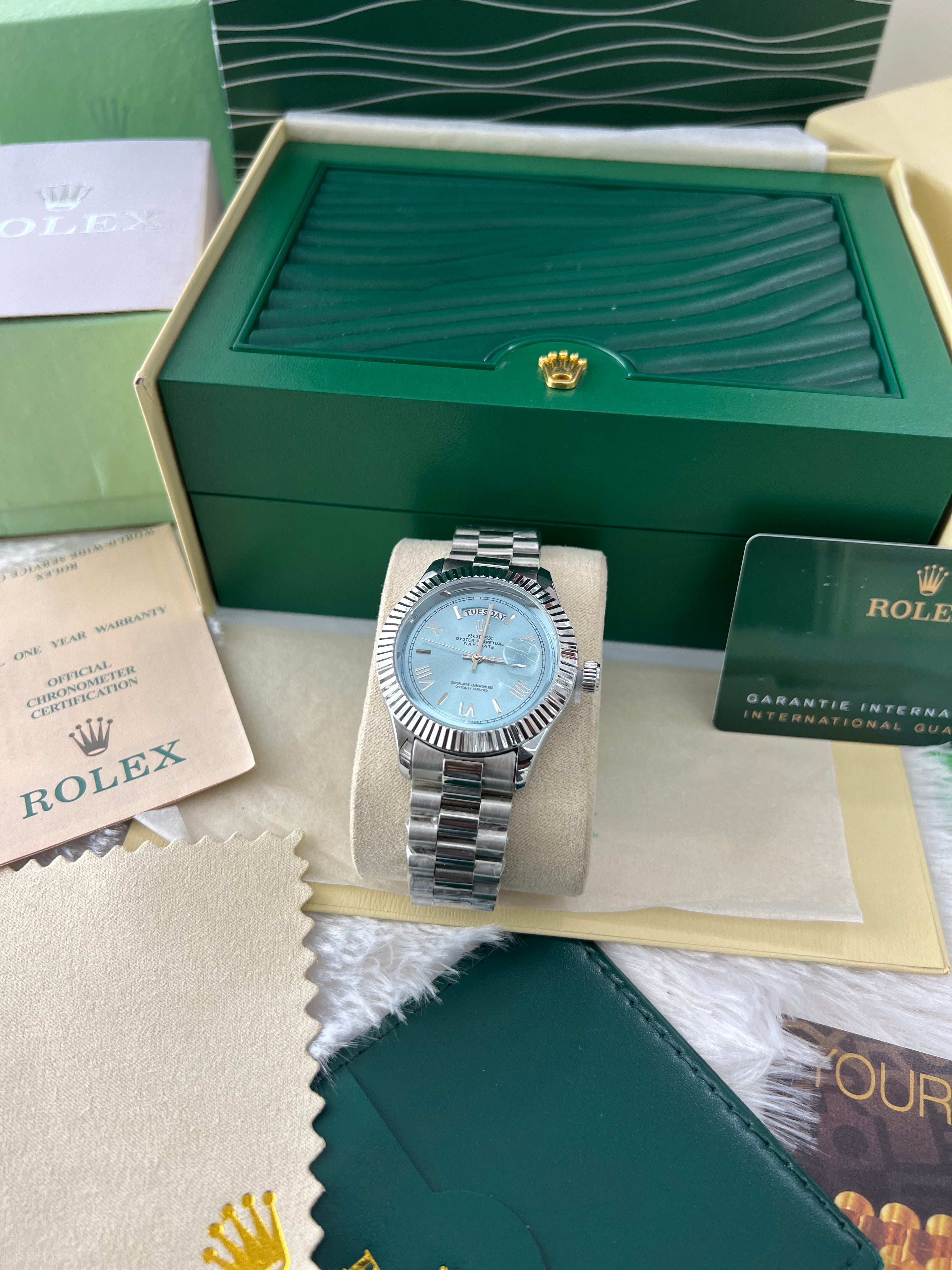 Ice Blue Fluted Steel Day-Date Watch