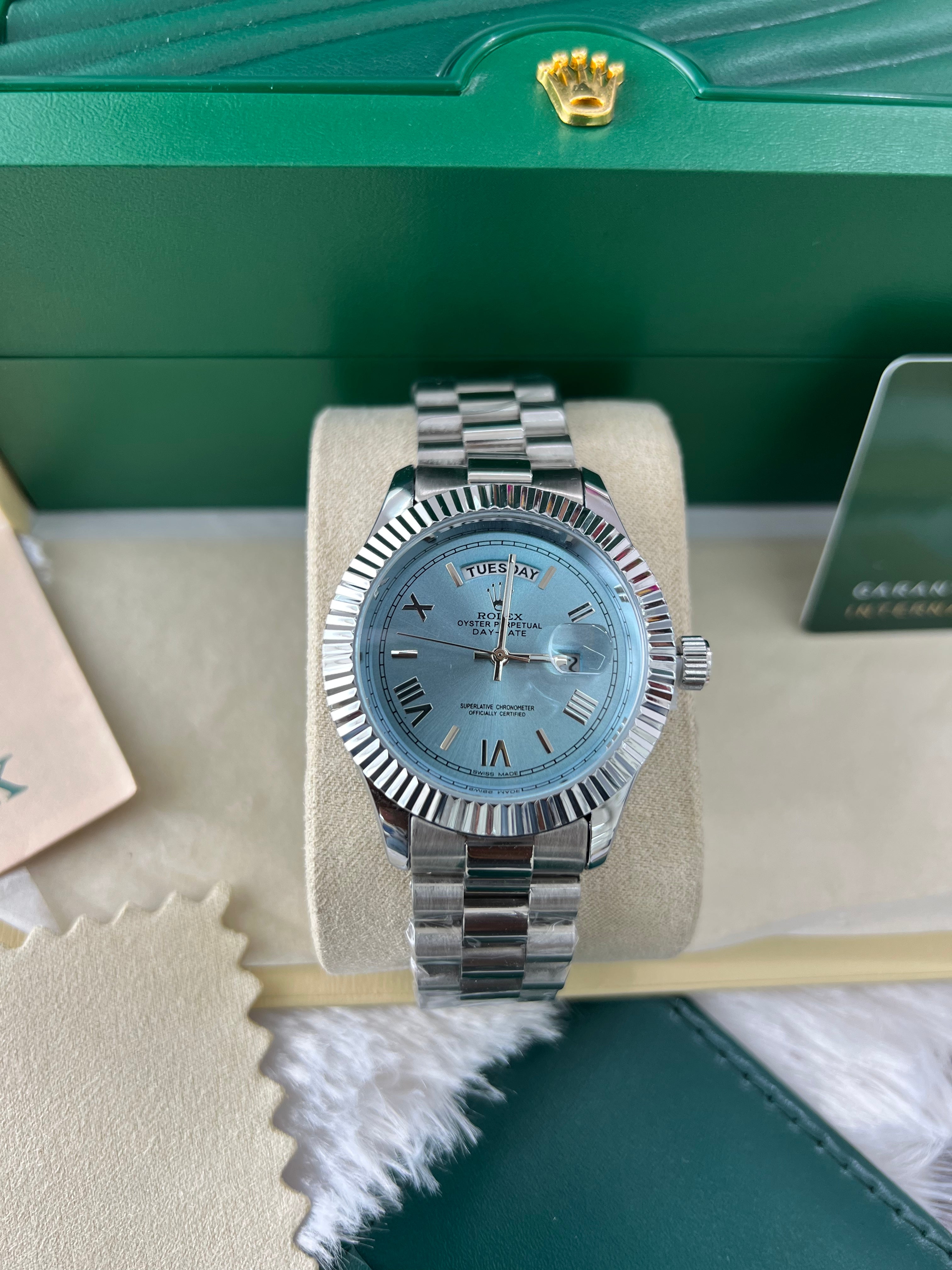 Ice Blue Fluted Steel Day-Date Watch