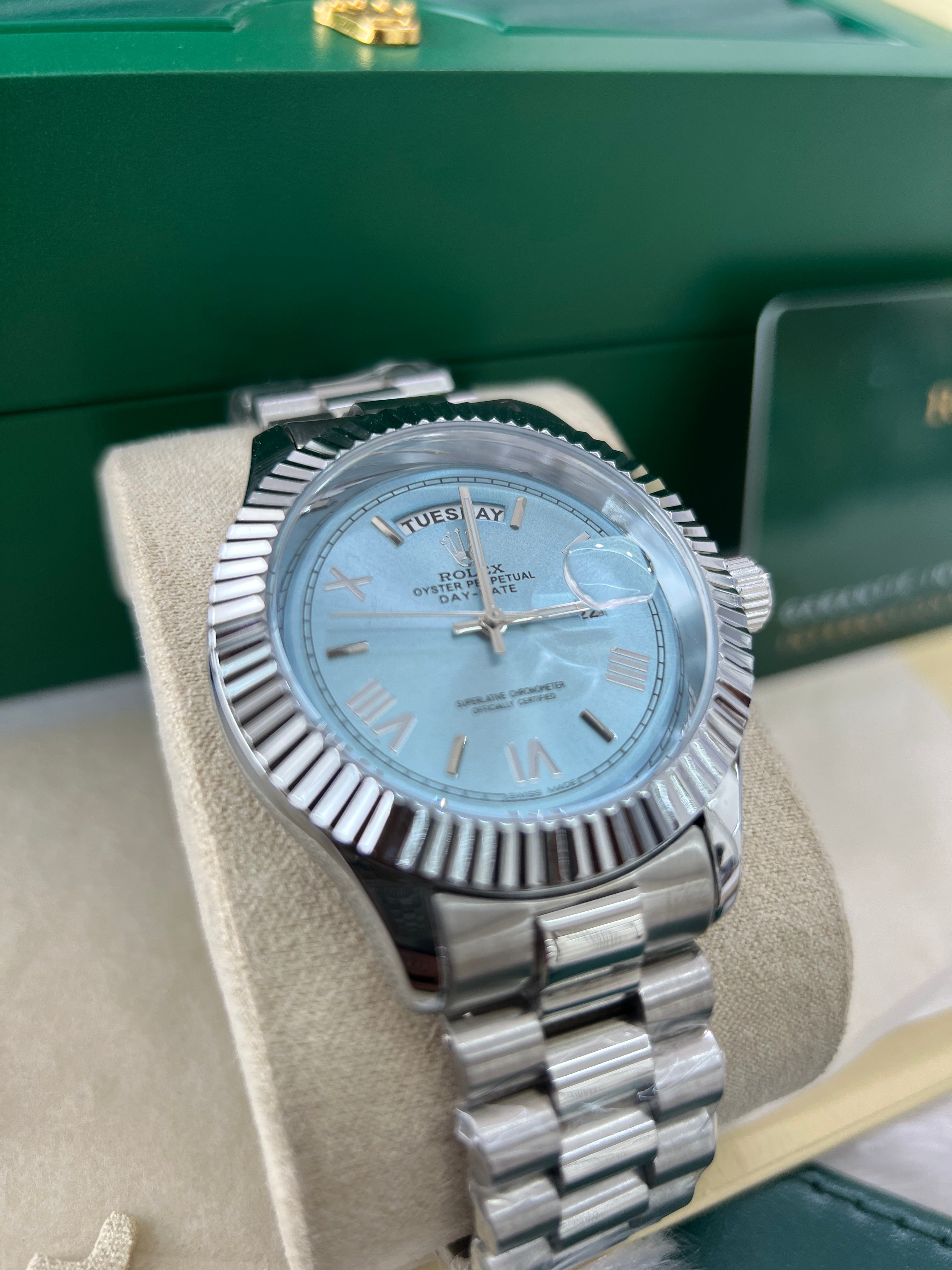 Ice Blue Fluted Steel Day-Date Watch