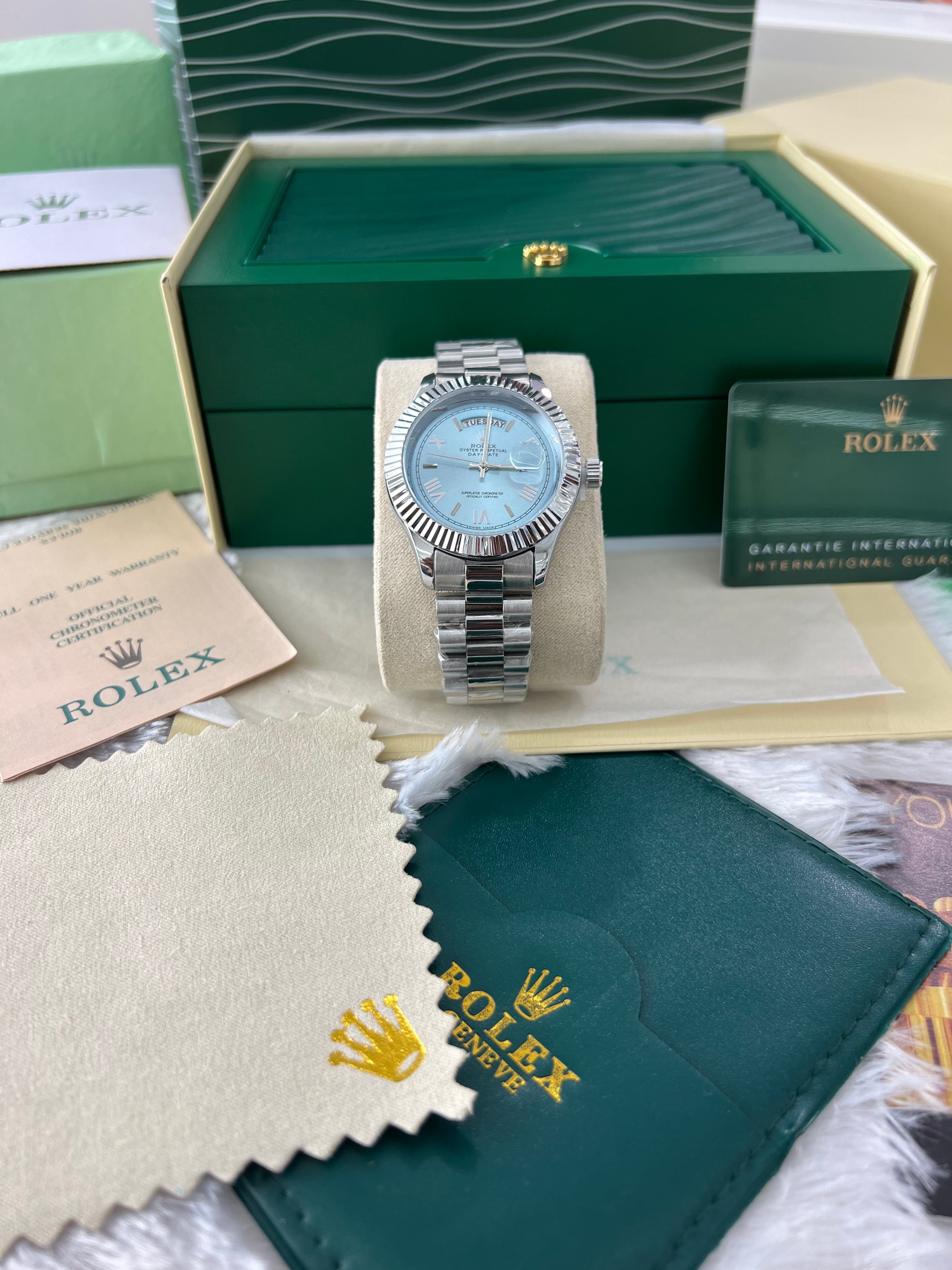 Ice Blue Fluted Steel Day-Date Watch