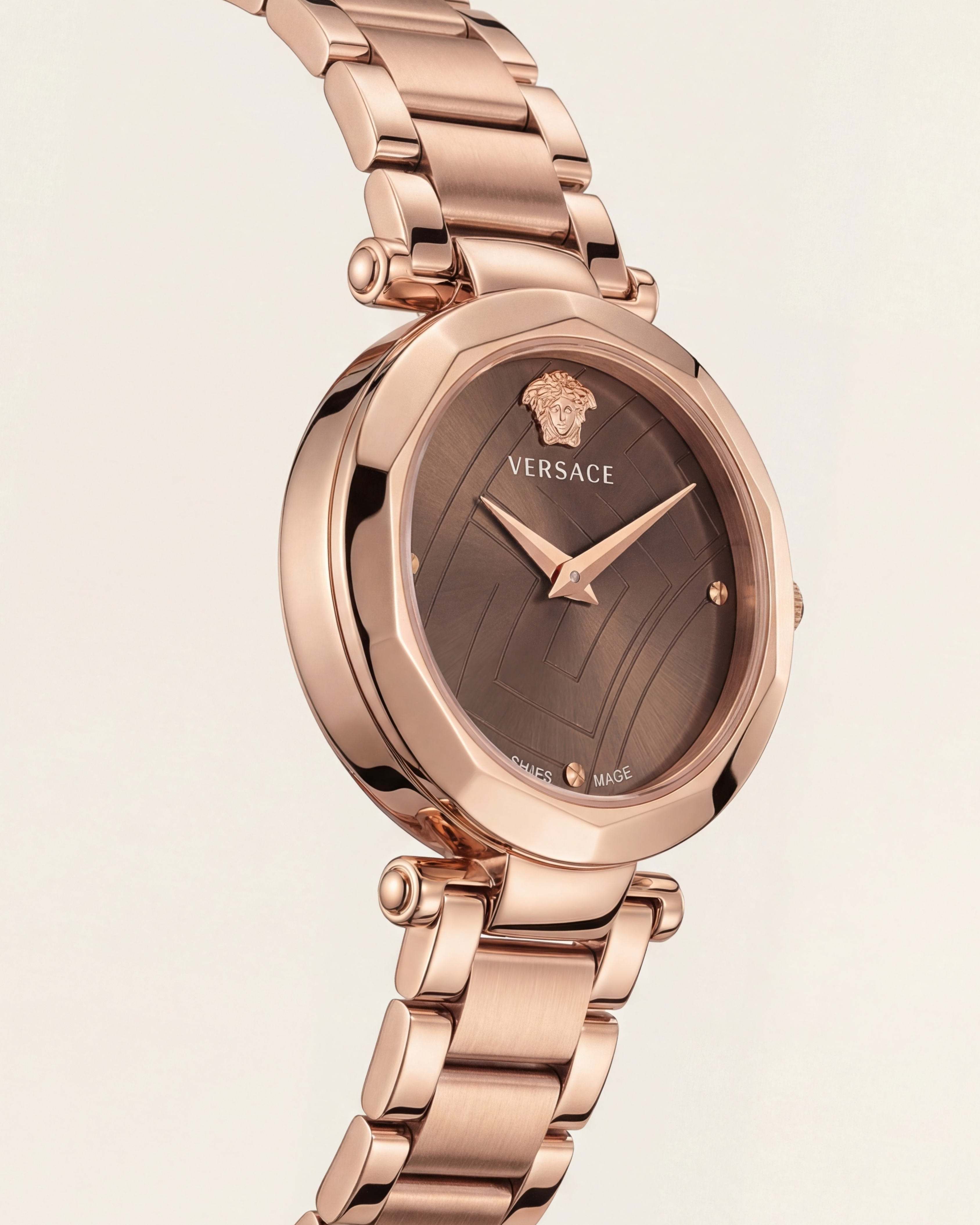 Rose Gold Stainless Steel Case Brown Textured Dial Luxury Medusa Bracelet Watch – Women
