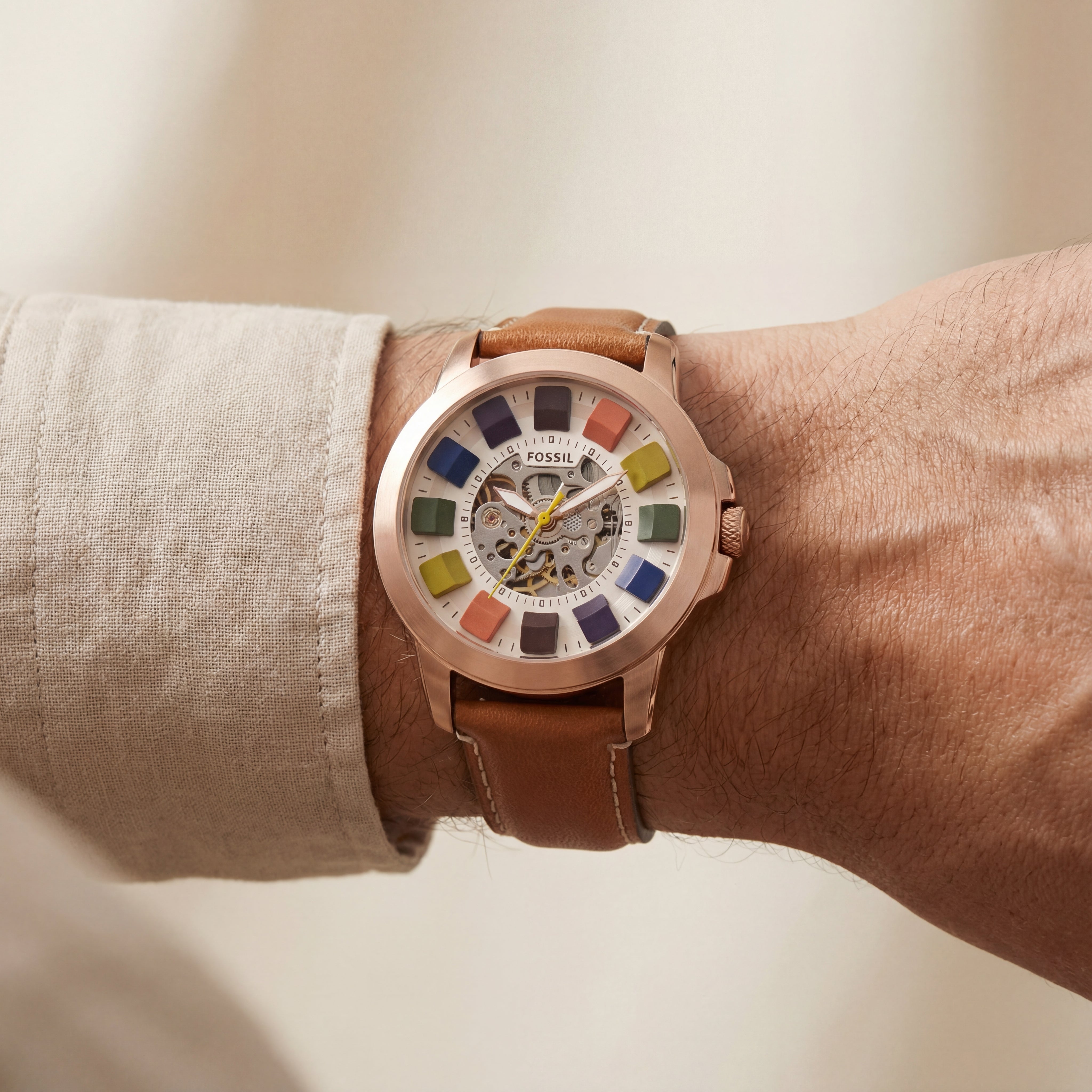 Rose Gold Skeleton Dial Brown Leather Strap Men’s Watch