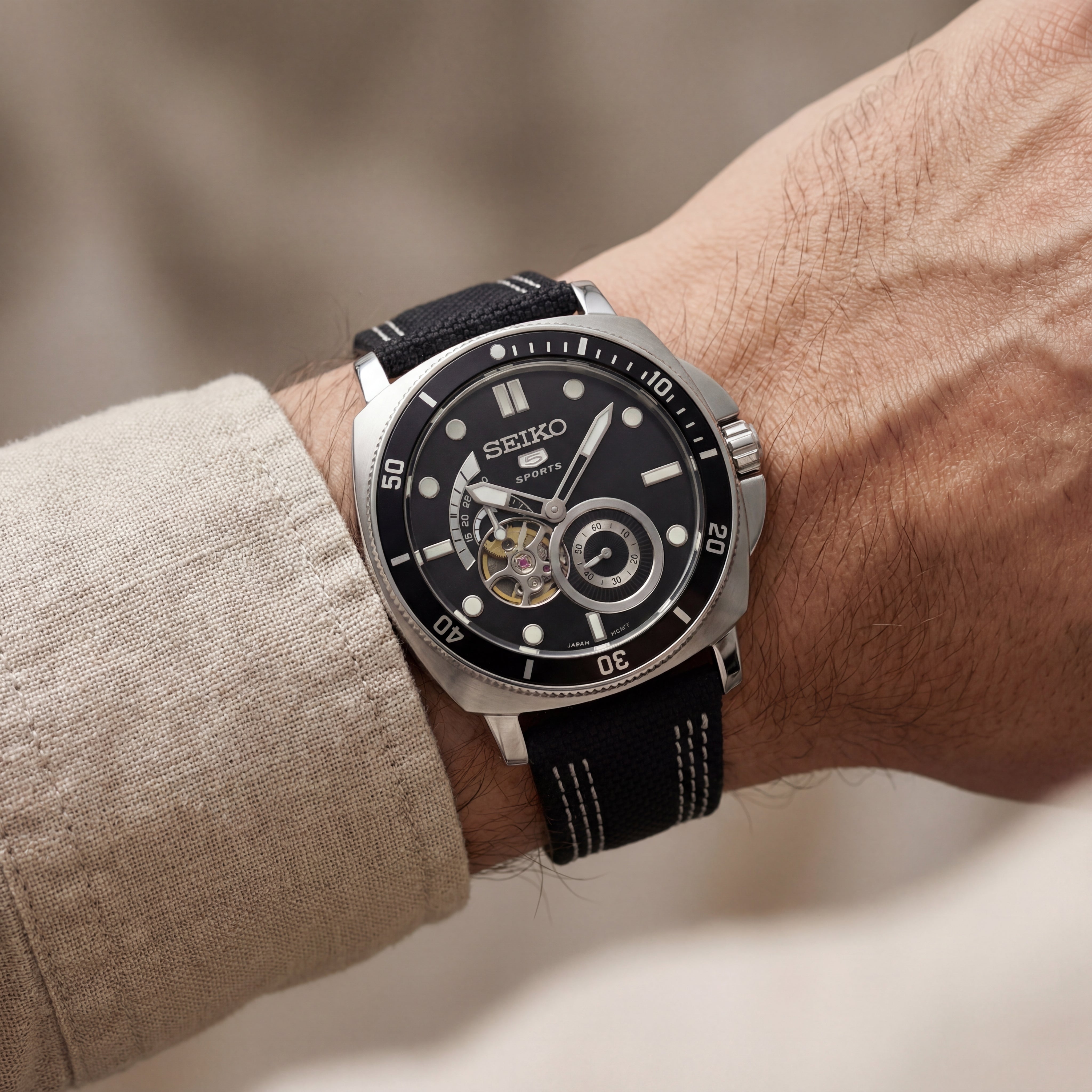 Premium Automatic Men’s Watch with Open Heart Dial & Black Strap