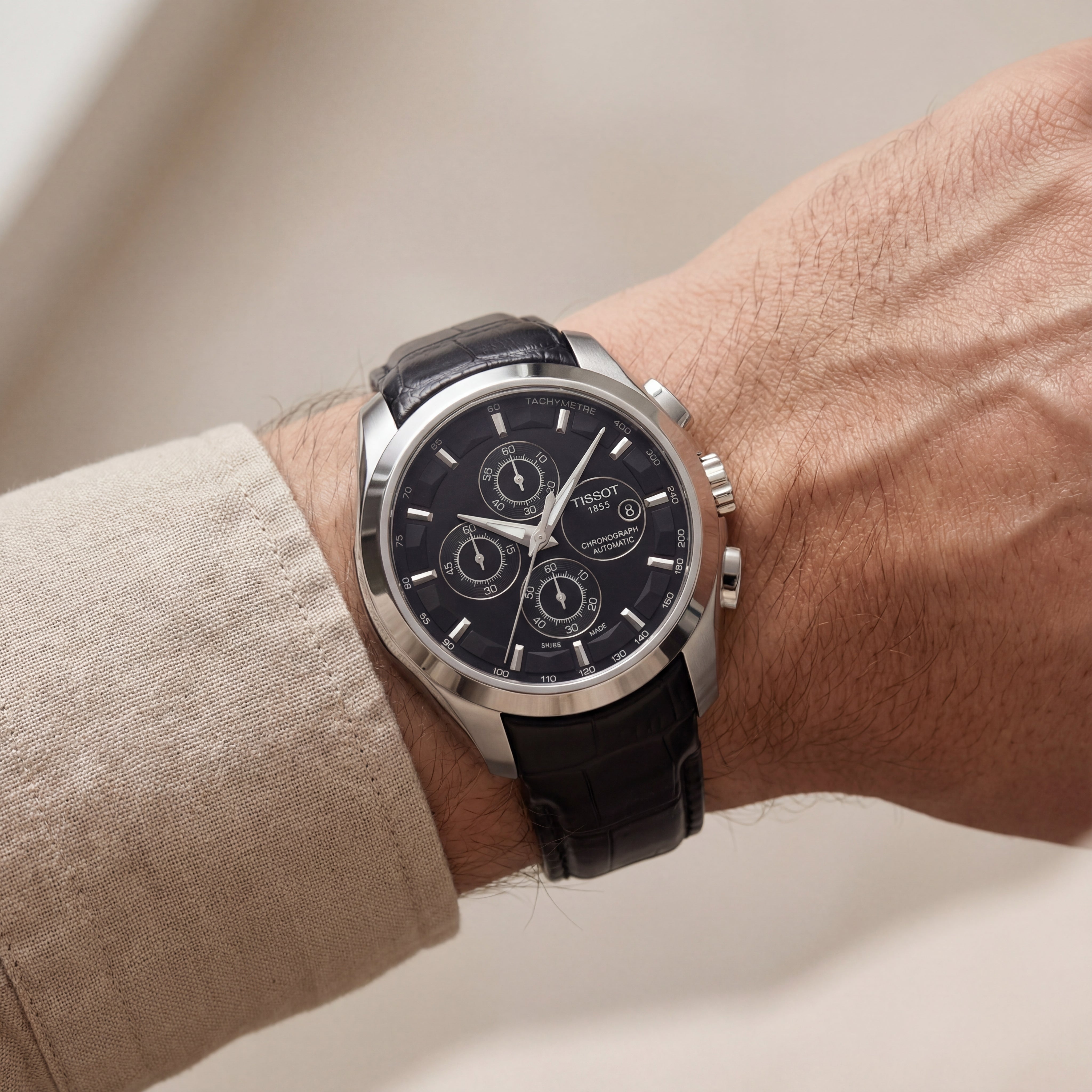 Black Dial Automatic Chronograph Men’s Leather Strap Watch