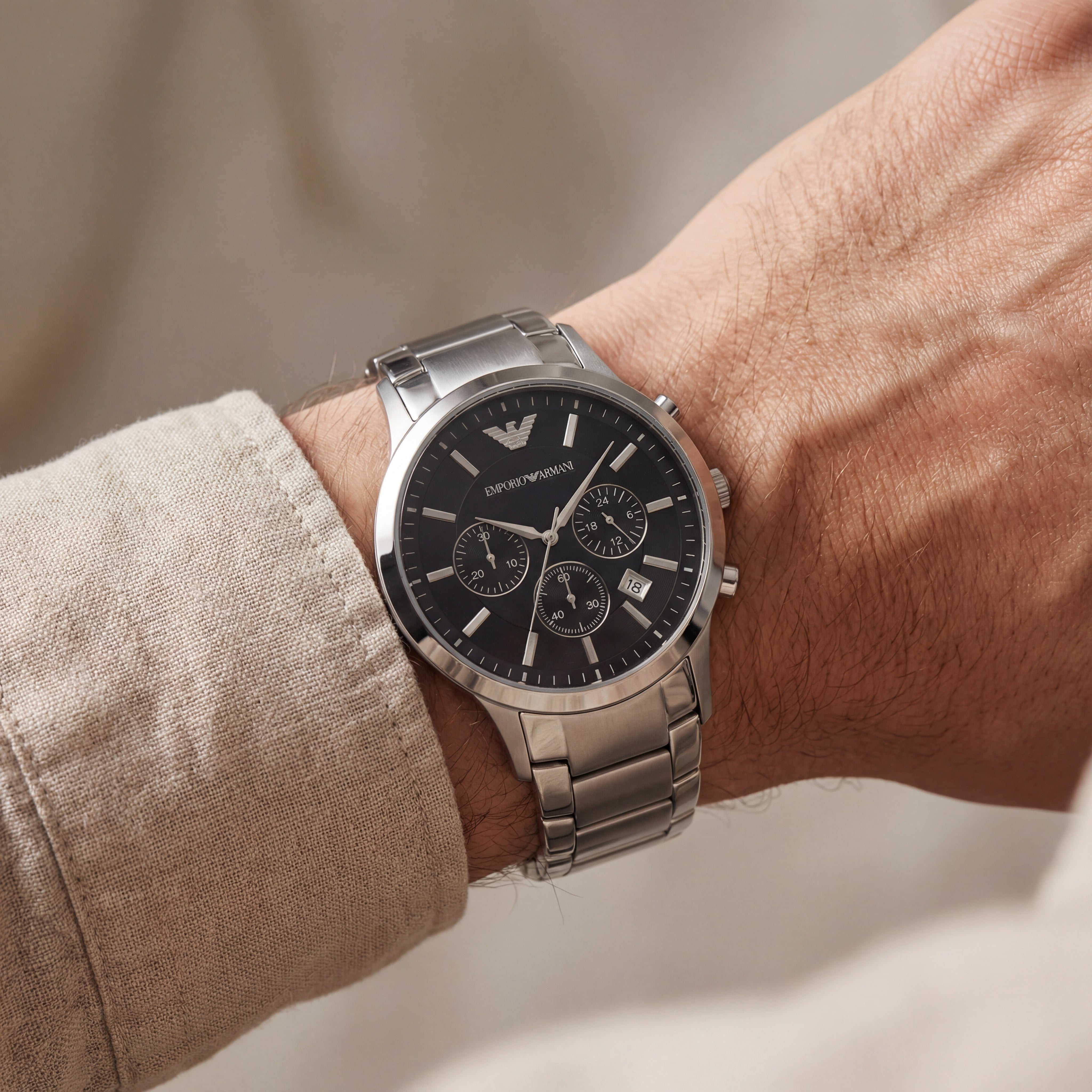 Silver Stainless Steel Chronograph Watch for Men – Black Dial