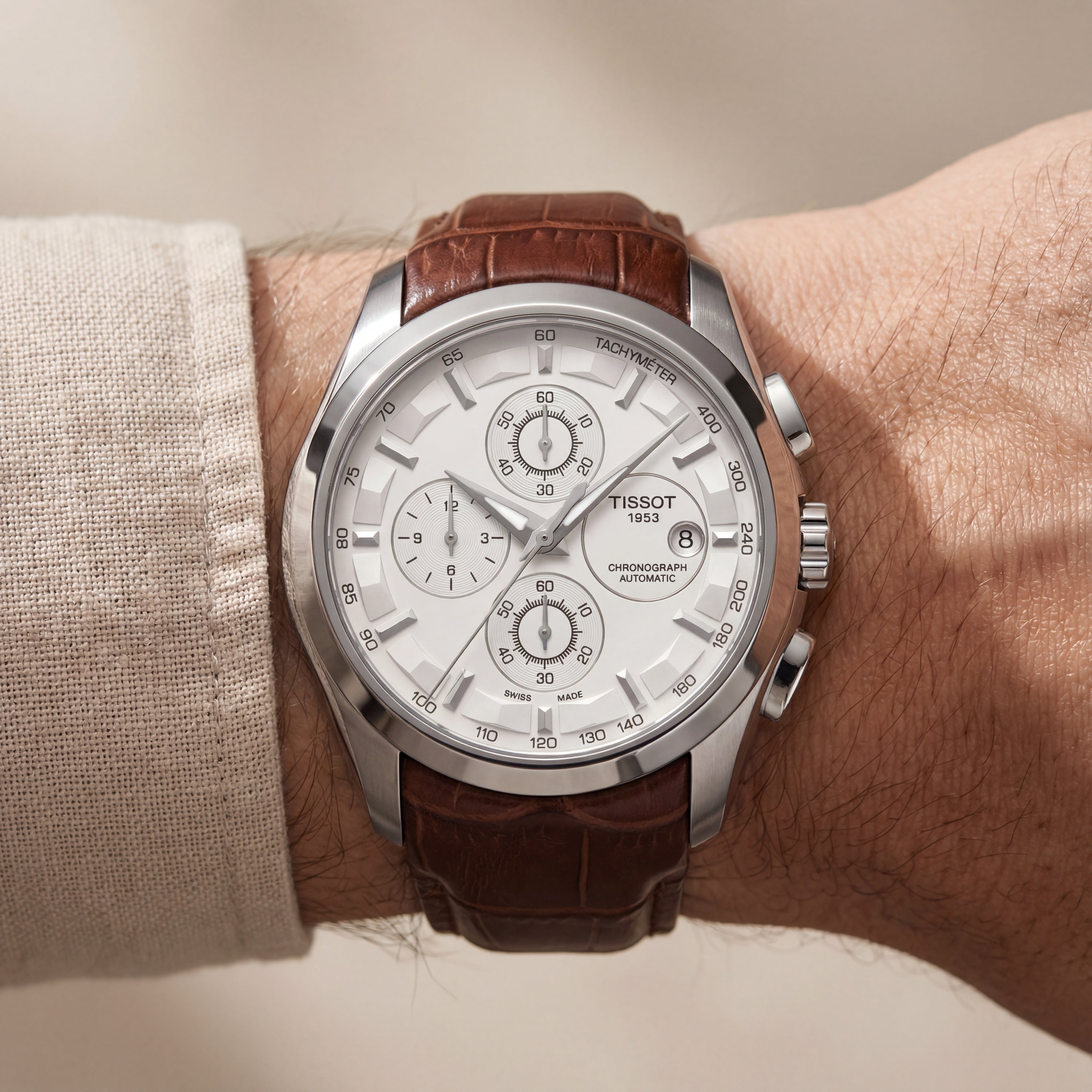 Classic Silver Chronograph Watch with White Dial & Brown Leather Strap