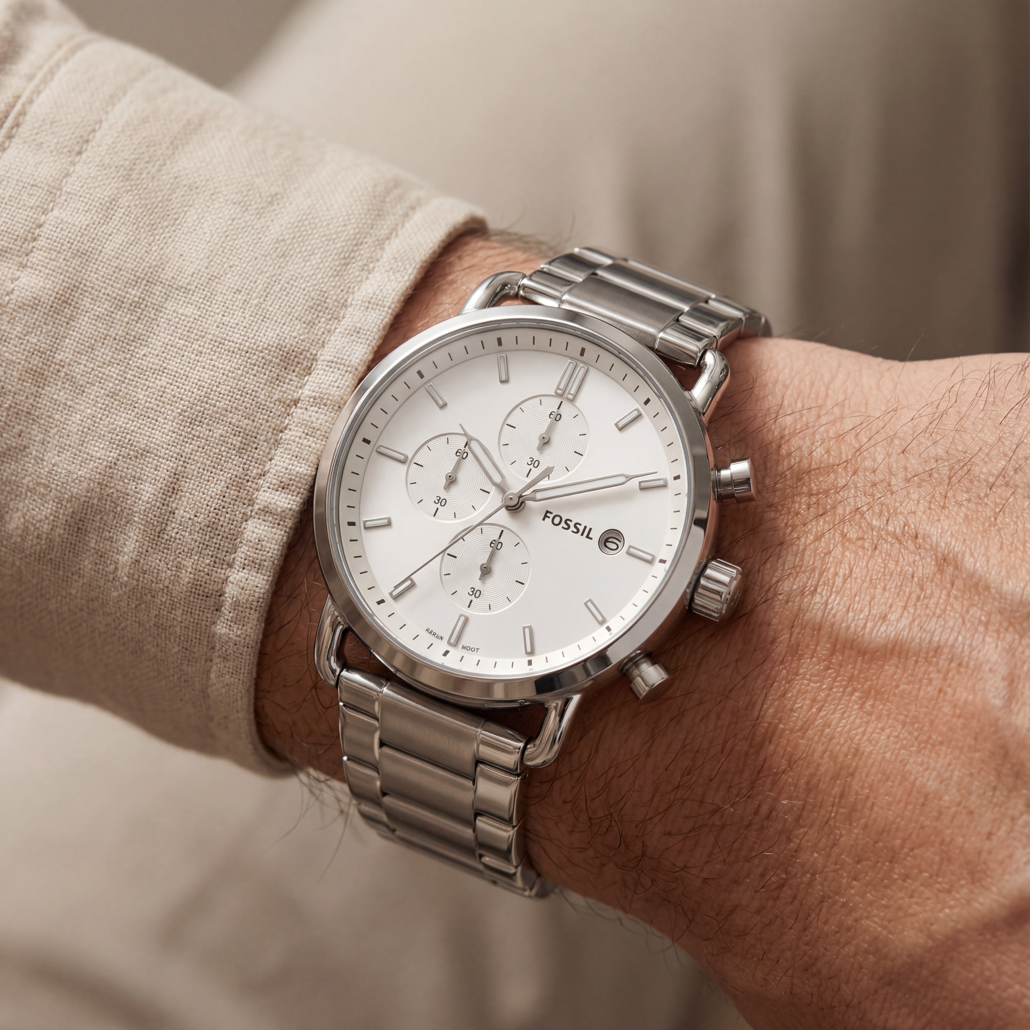 Classic Silver White Dial Stainless Steel Chronograph Watch