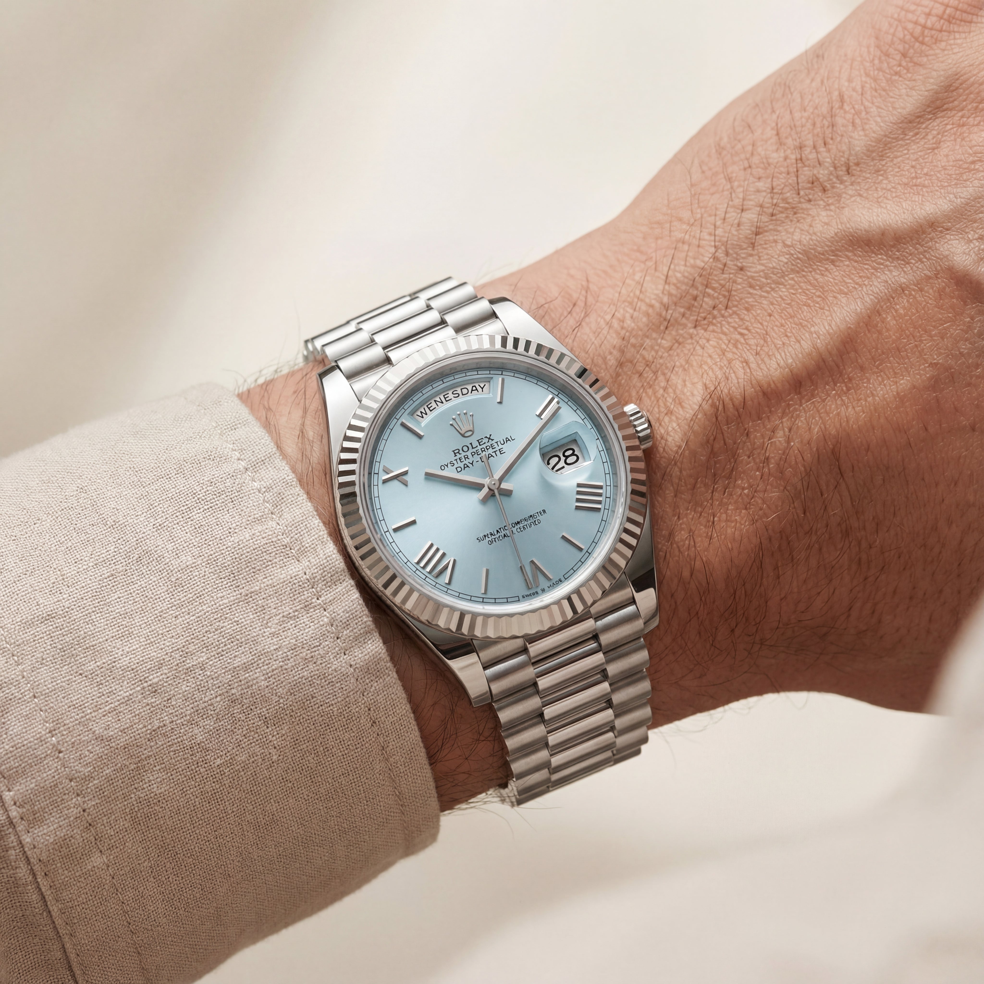 Ice Blue Fluted Steel Day-Date Automatic Watch