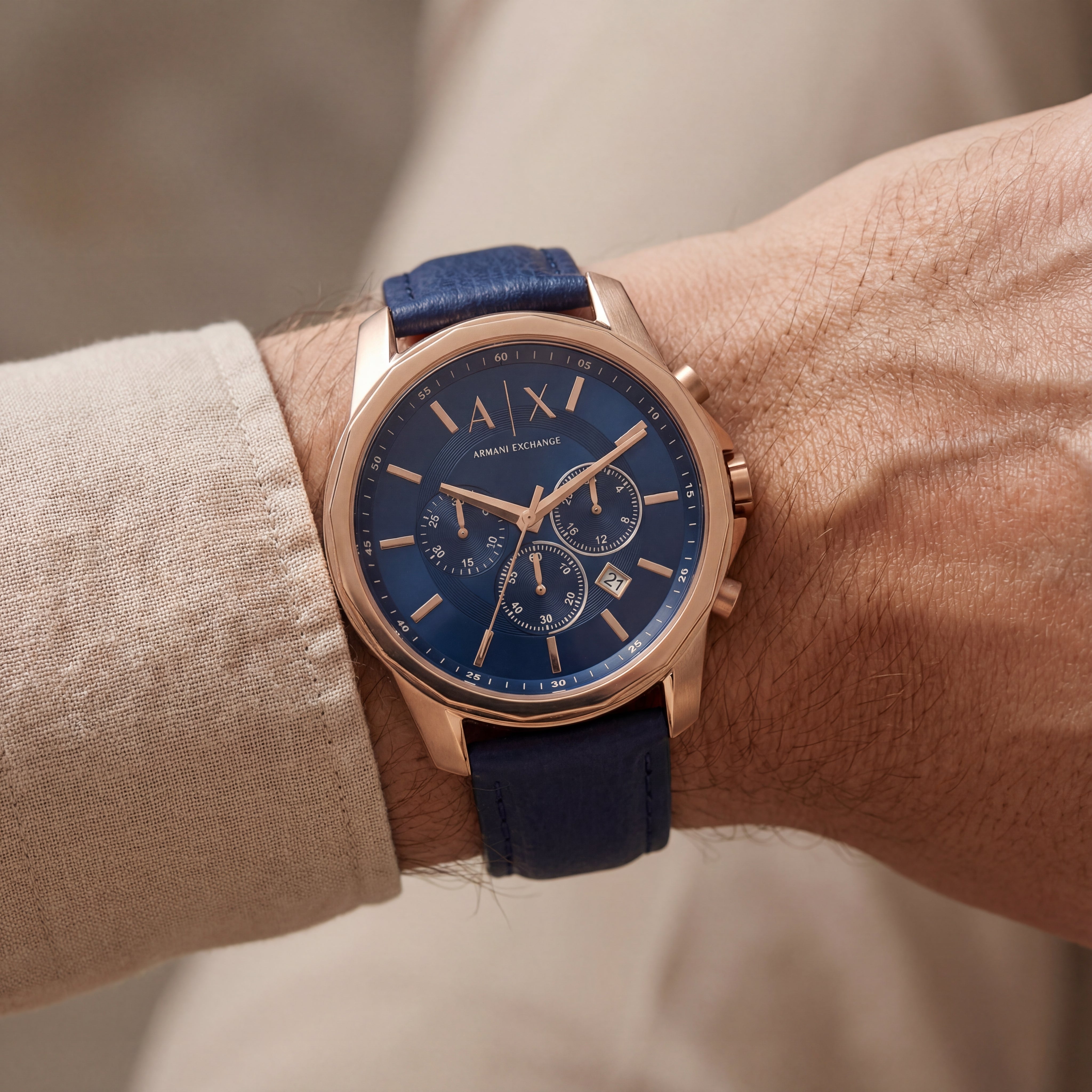 Centrix Navy Blue Rose-Gold Chronograph Leather Watch