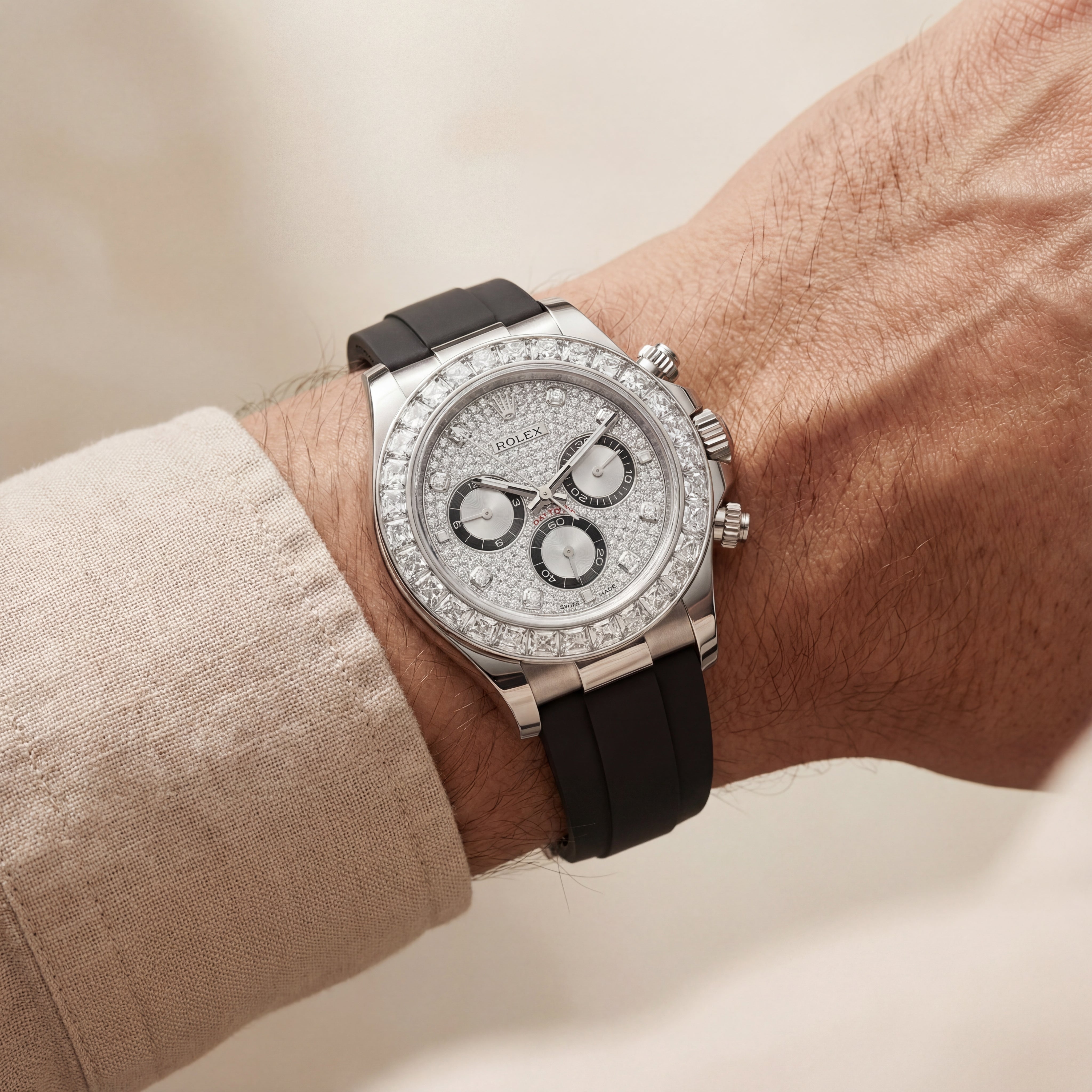 Silver Diamond Bezel Chronograph Watch with Black Rubber Strap
