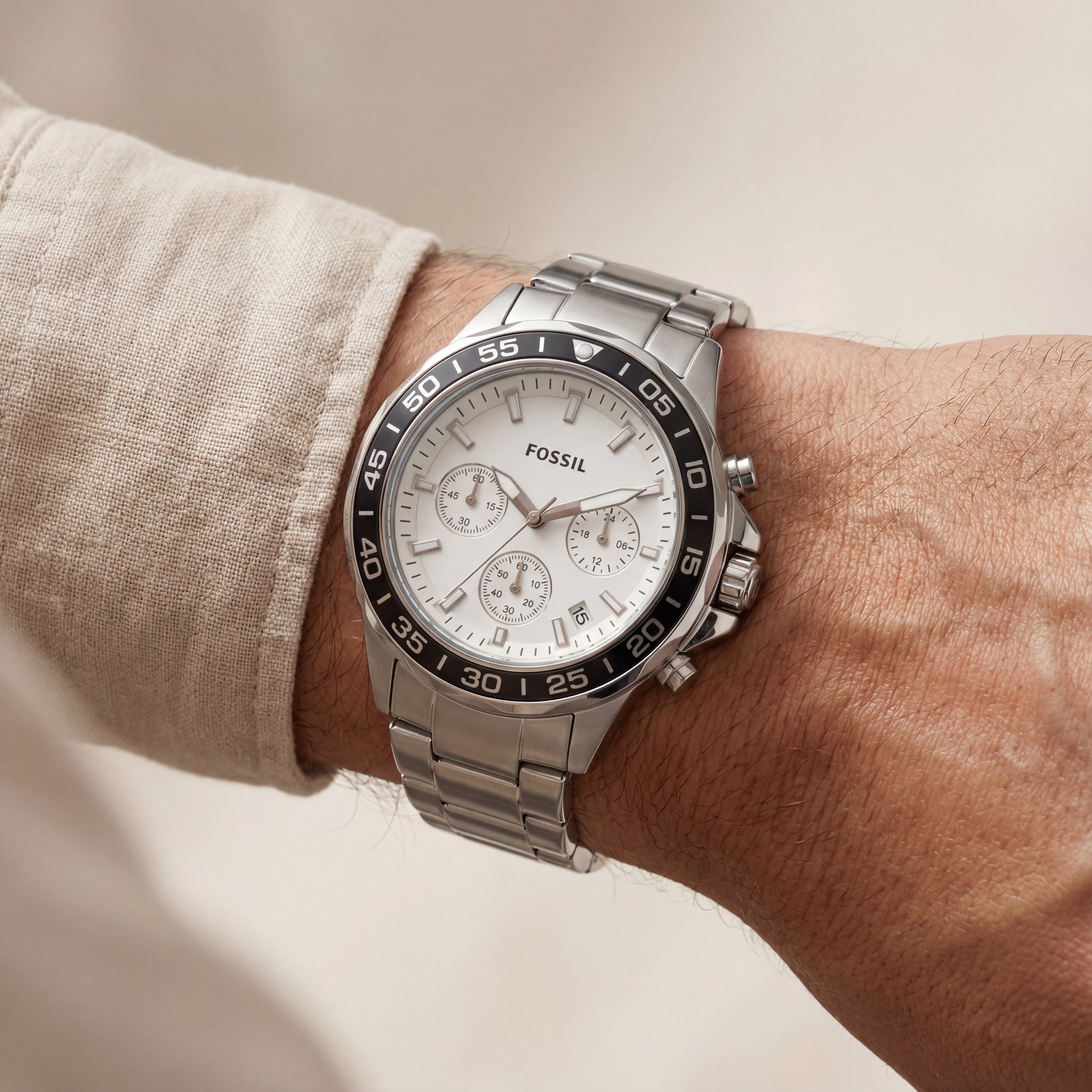 Silver Steel White Chronograph Dial Men’s Watch