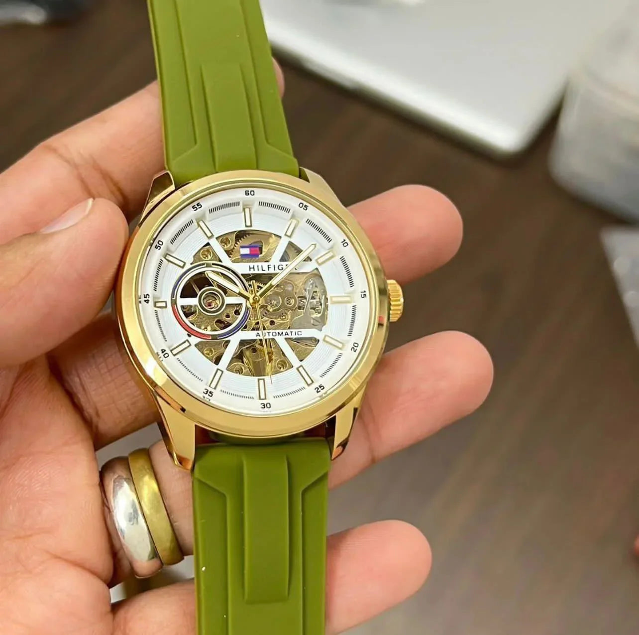 Premium Gold Stainless Steel Automatic Skeleton Watch Olive Green Silicone Strap Luxury Sport Watch – Men