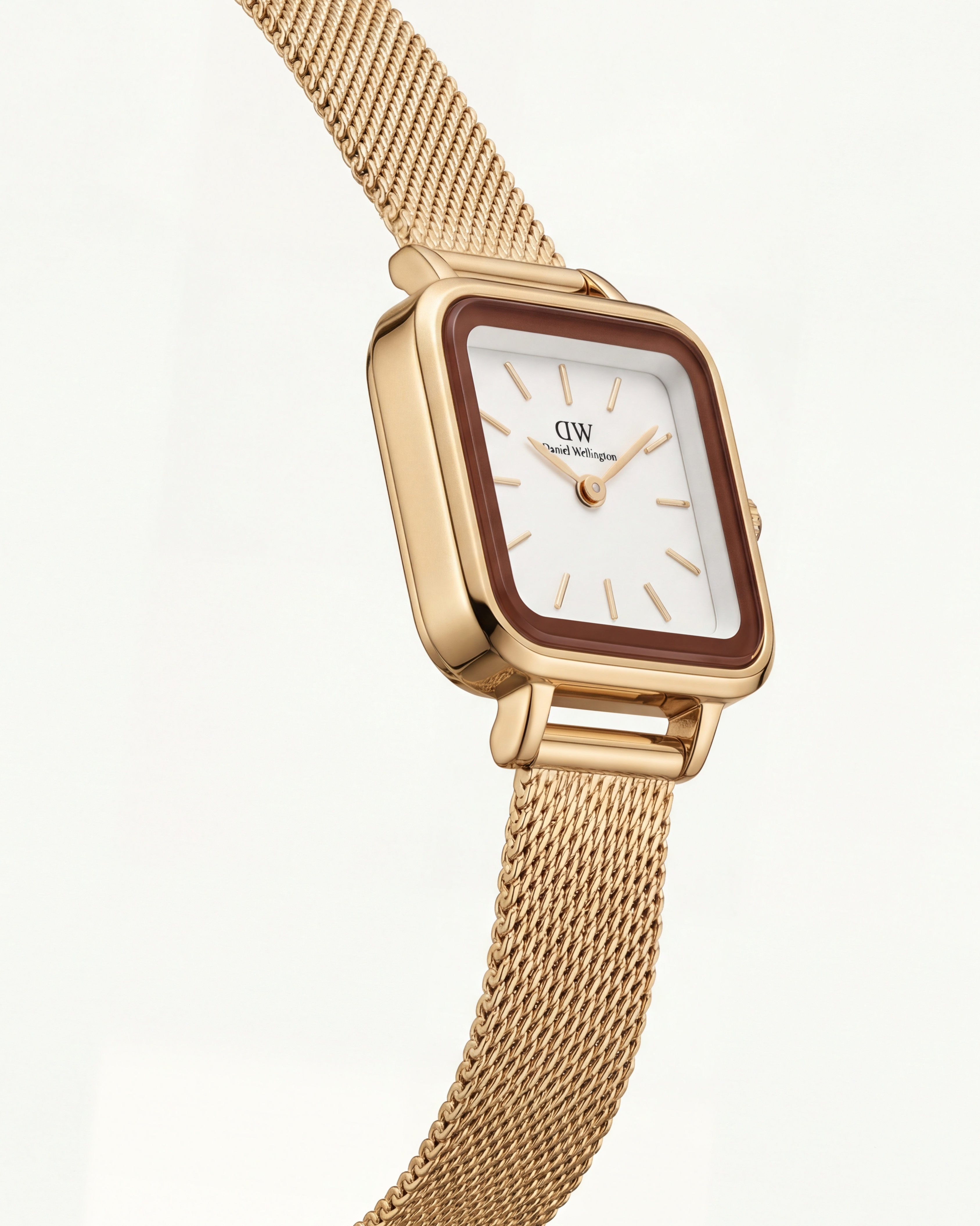 Gold Square Case White Dial Mesh Strap Watch