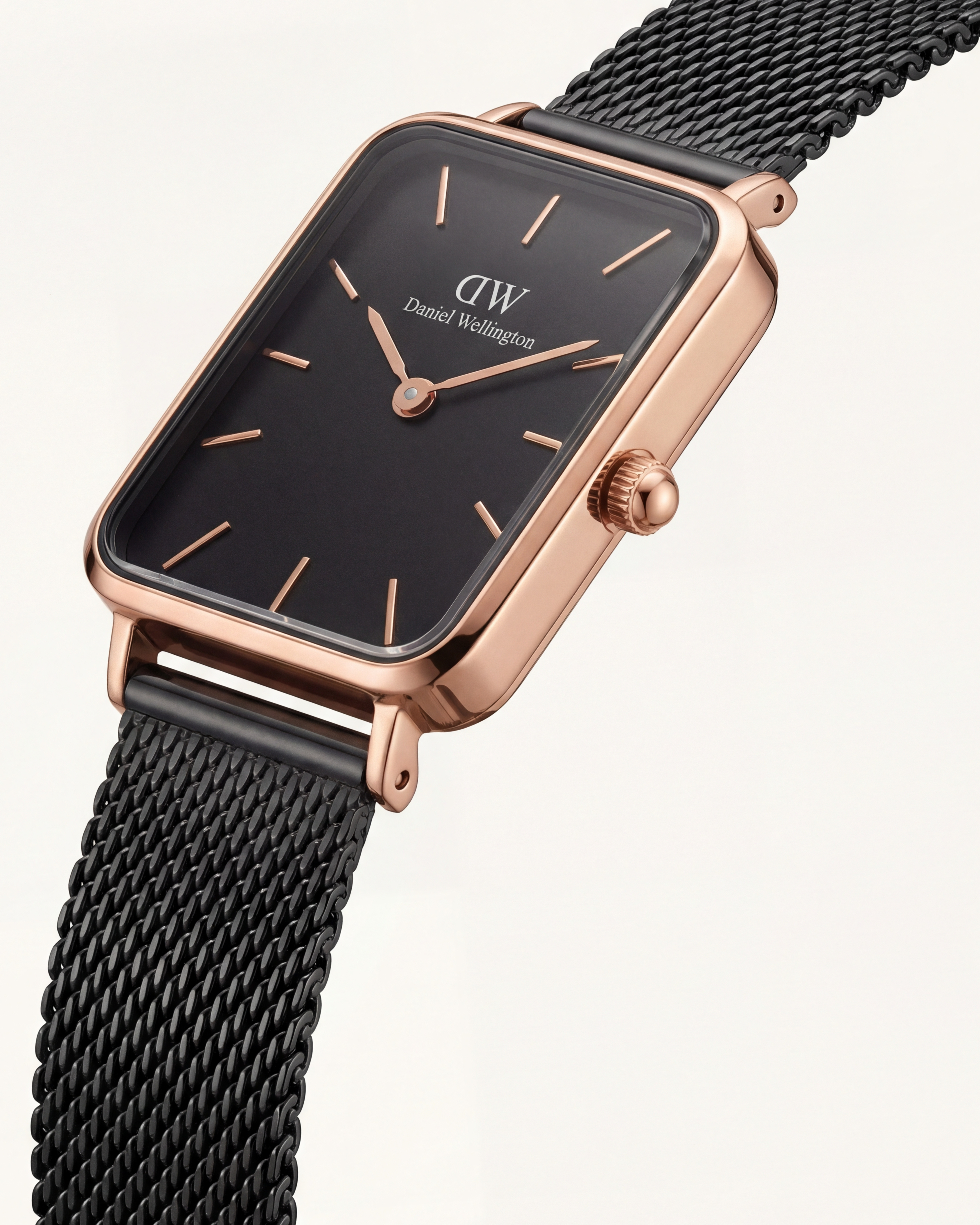 Rose Gold Rectangular Black Dial Black Mesh Strap Watch