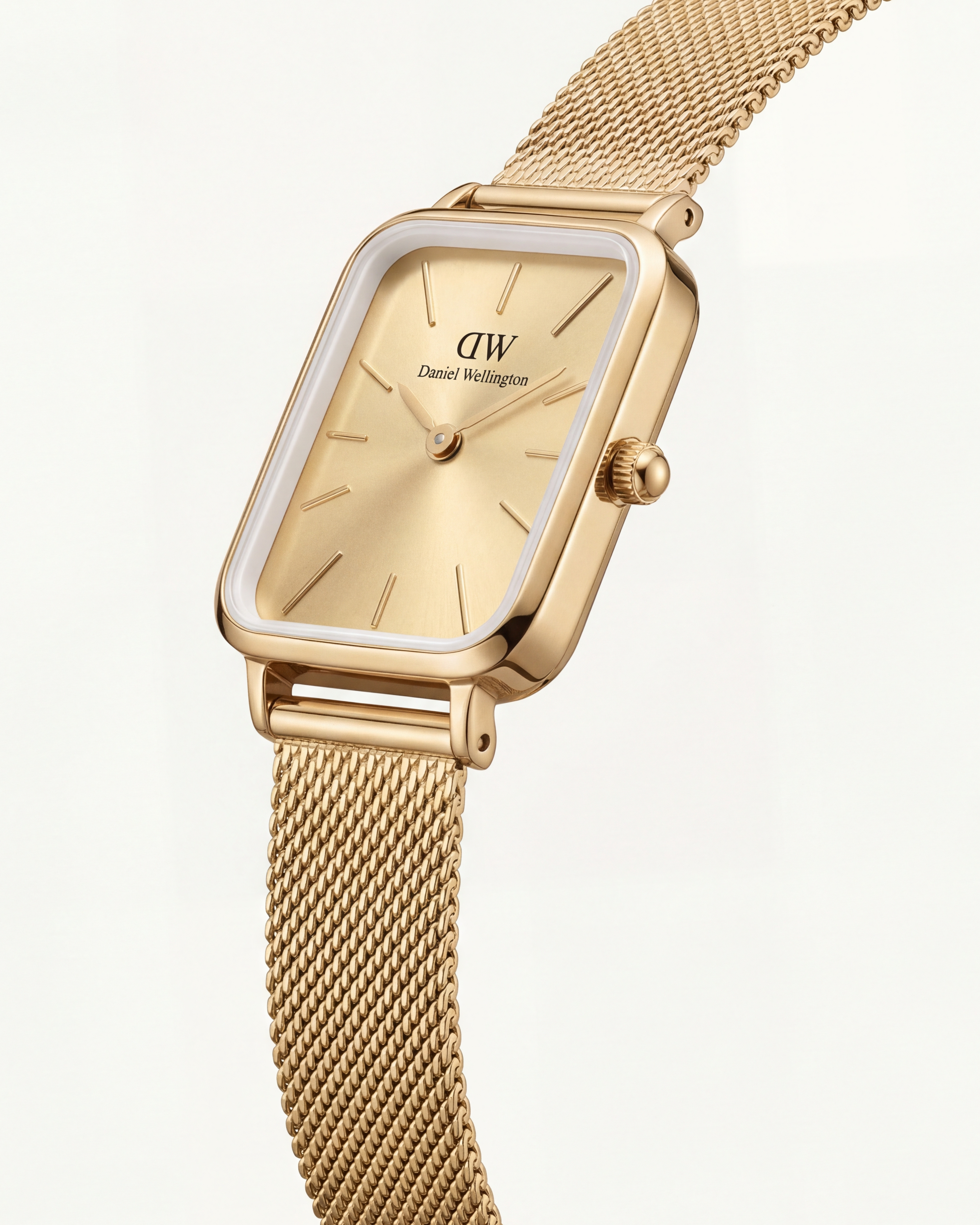 Gold Rectangular Champagne Sunray Dial Mesh Strap Watch
