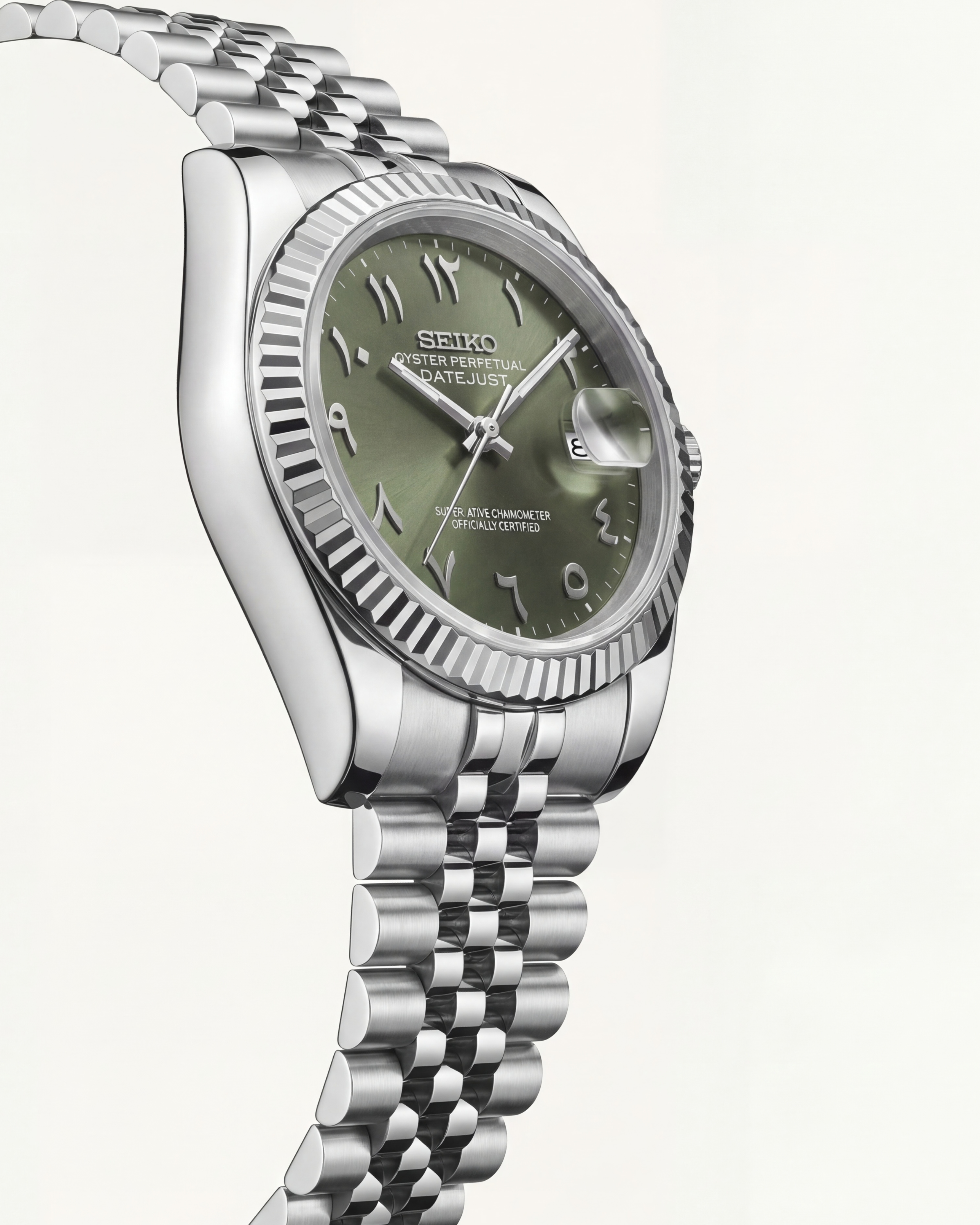 Luxury Silver Stainless Steel Watch Fluted Bezel Olive Green Sunburst Dial Arabic Numerals Jubilee Bracelet Premium Automatic Watch – Men