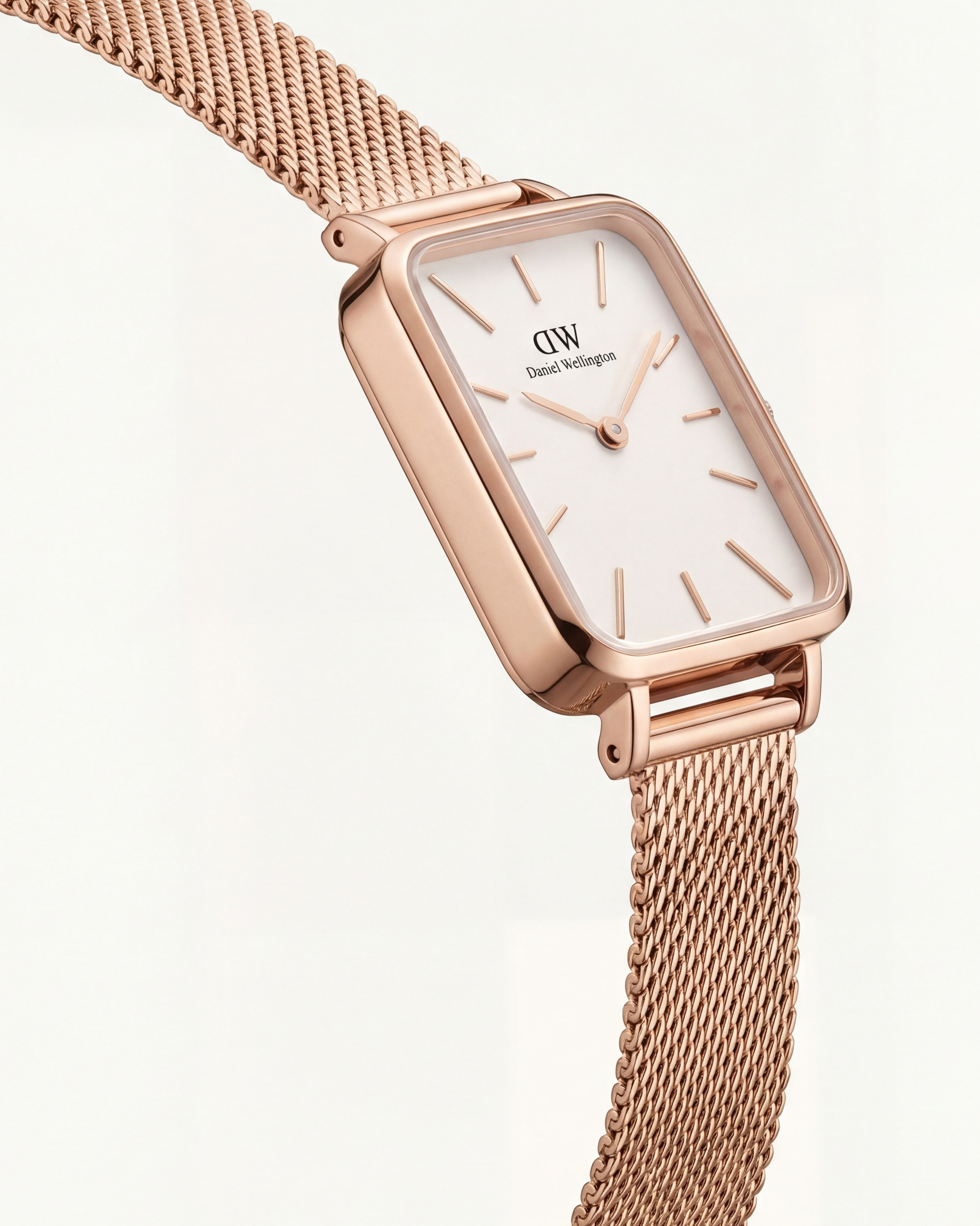 Rose Gold Rectangular White Dial Mesh Strap Minimal Watch