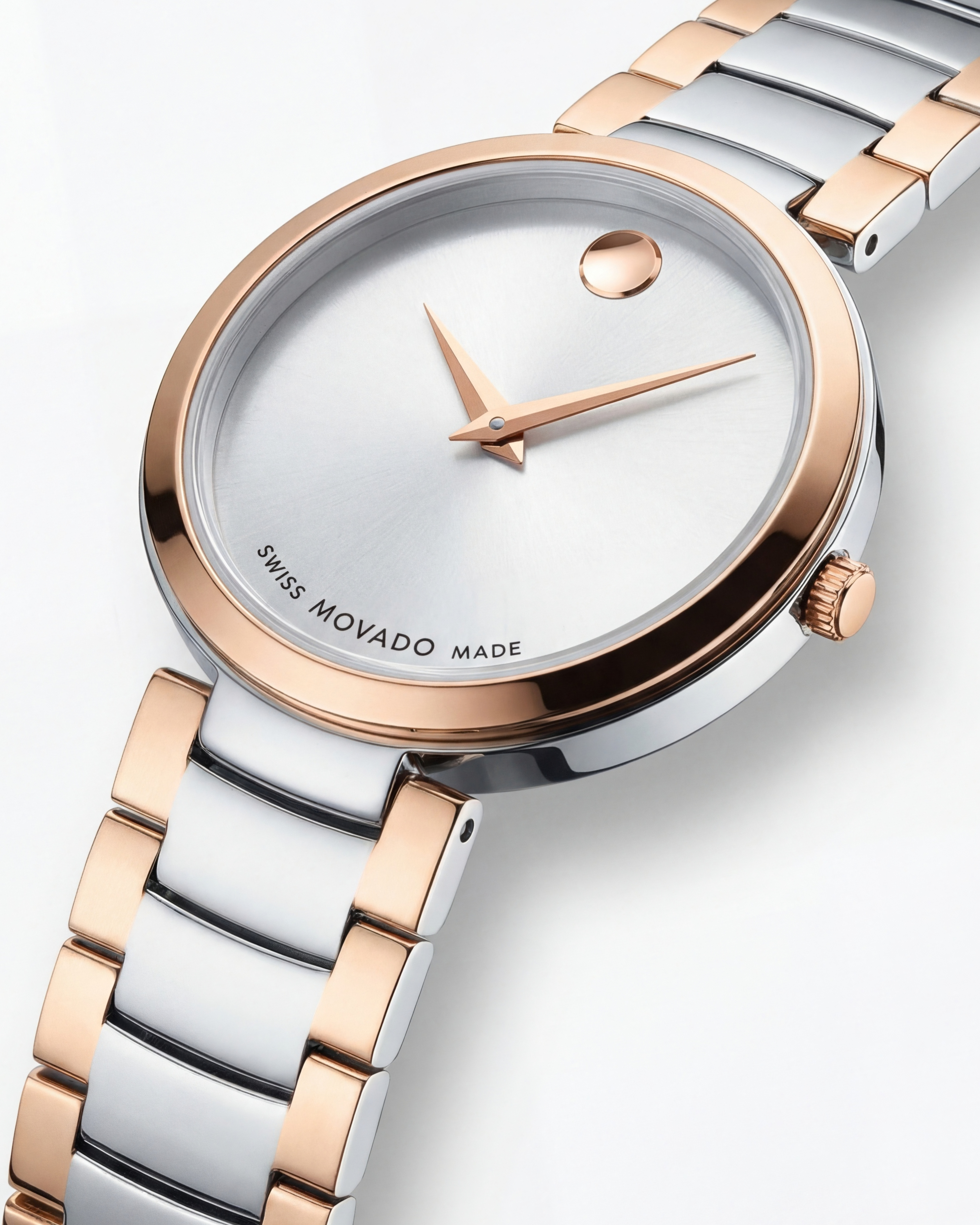 Two-Tone Steel & Rose Gold Minimalist Silver Sunray Dial Luxury Bracelet Watch – Women