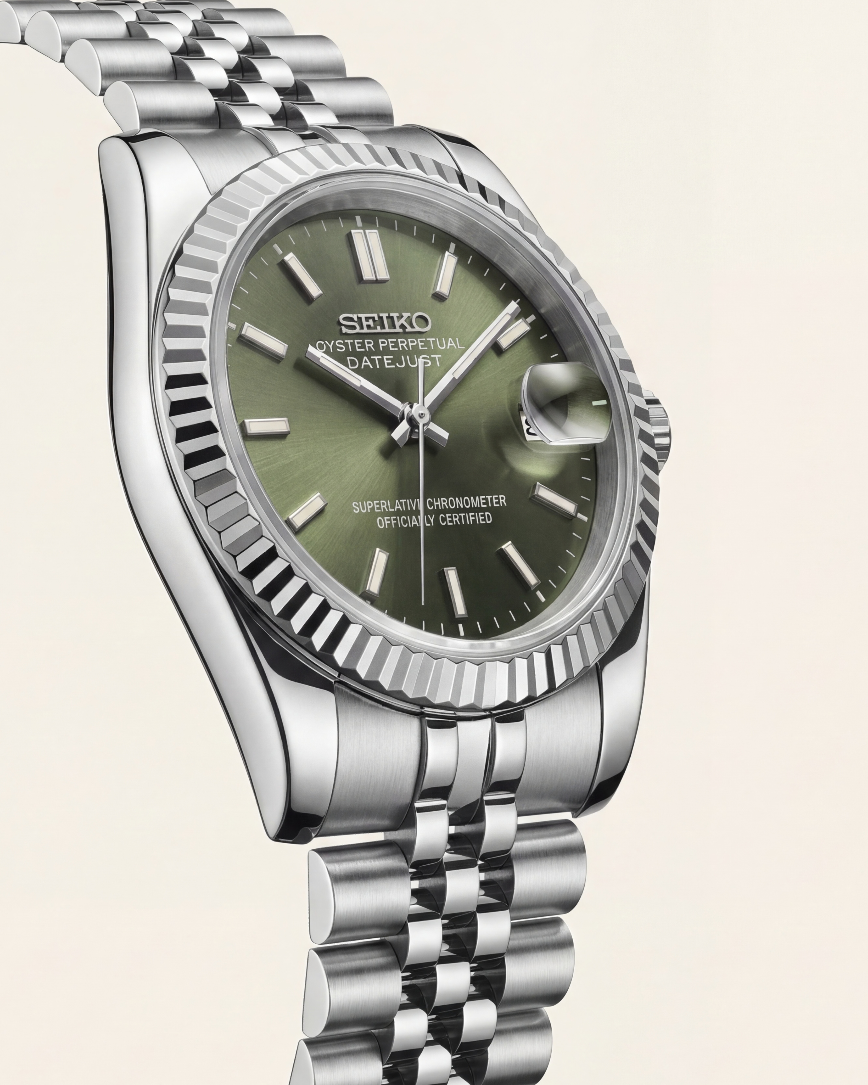 Luxury Silver Stainless Steel Watch Fluted Bezel Green Sunburst Dial Jubilee Bracelet Premium Automatic Watch – Men