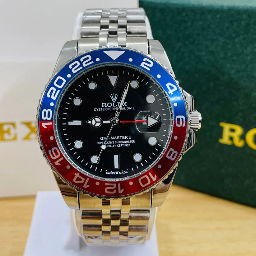 Premium Silver GMT Style Luxury Watch Blue Red Pepsi Bezel Jubilee Bracelet Classic Statement Watch – Men