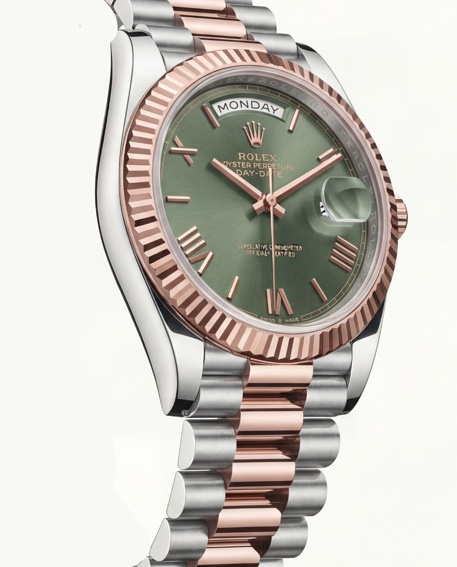 Olive Green Fluted Bezel Day-Date Automatic Steel Watch