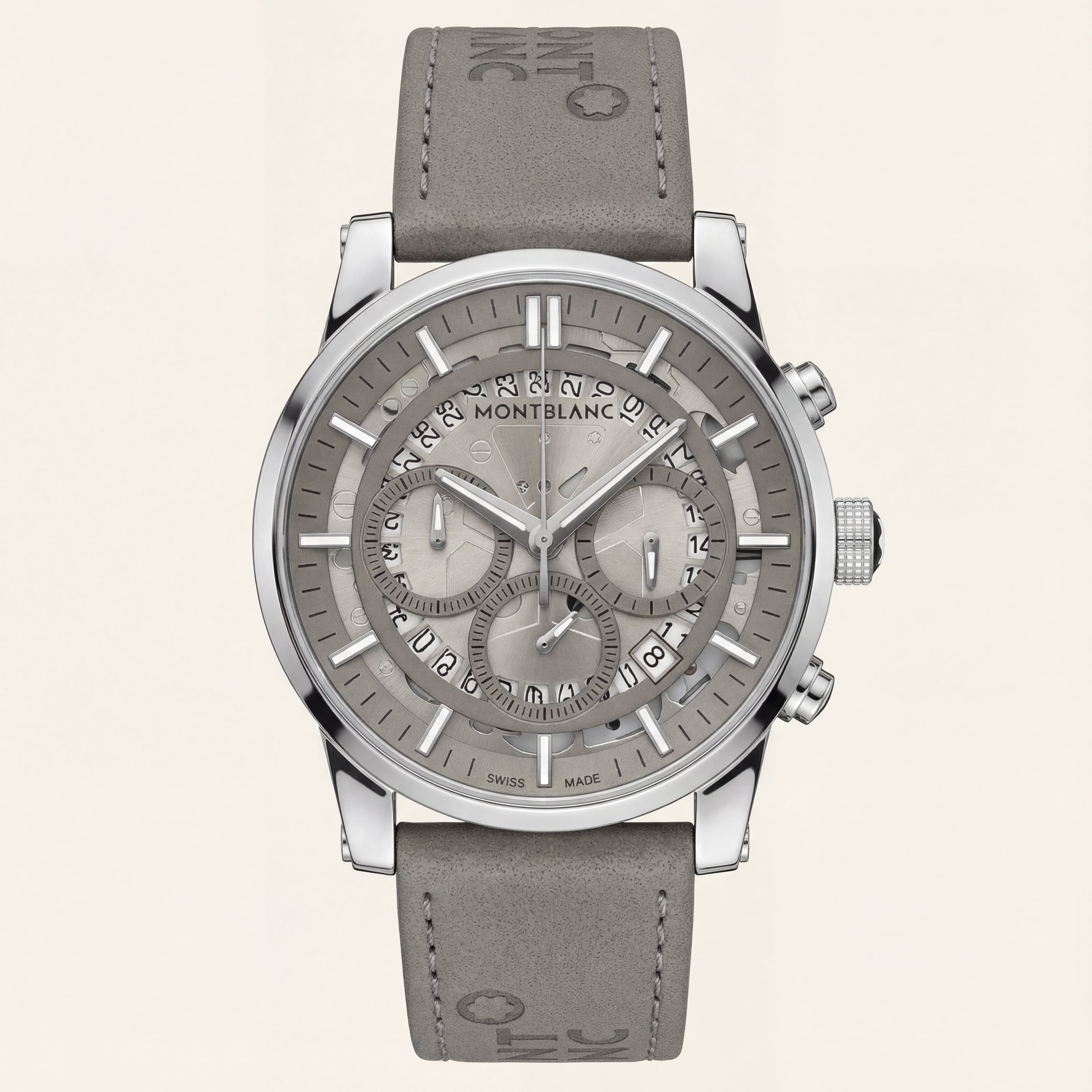 Skeleton Chronograph Silver Dial Leather Strap Men’s Watch
