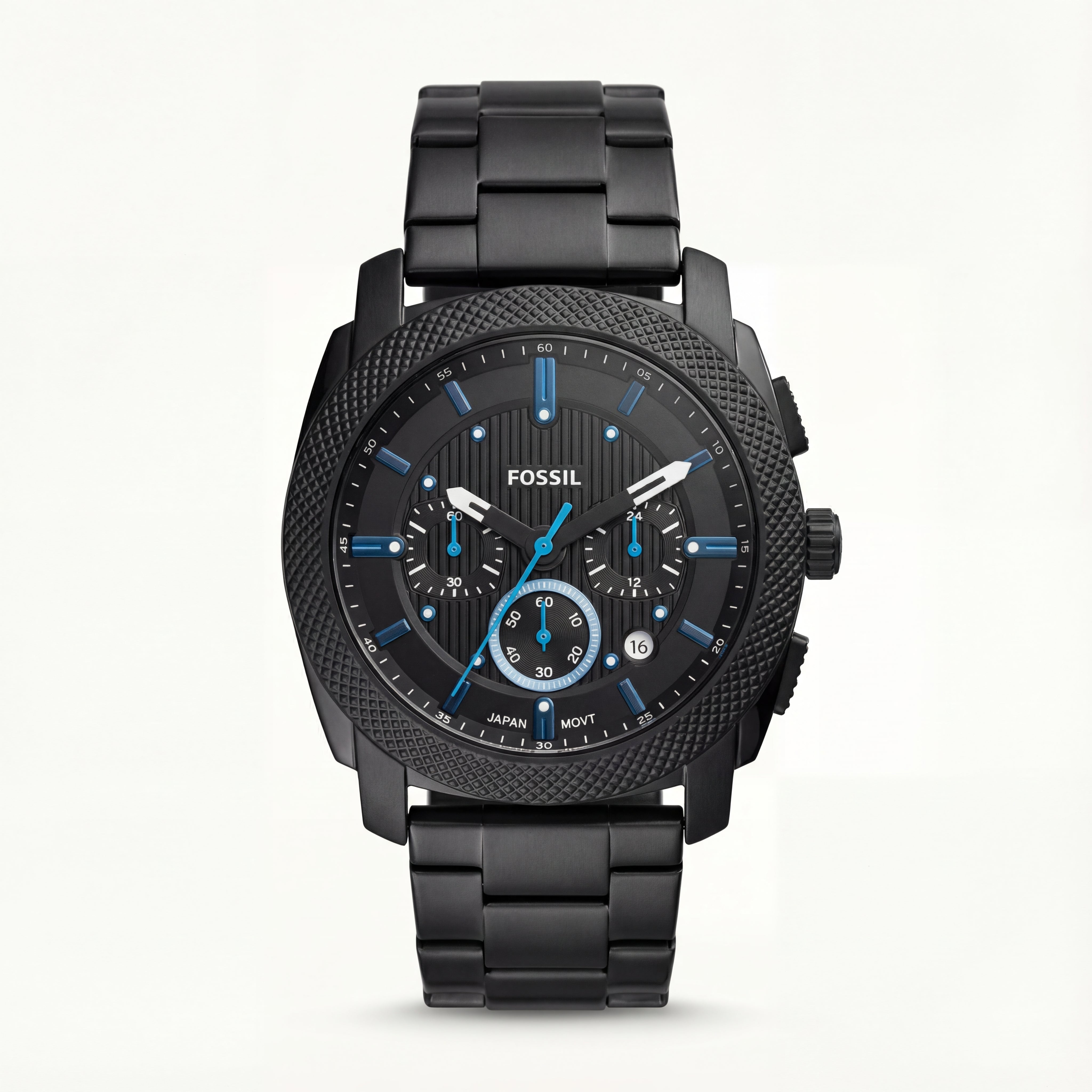 Black Steel Chronograph Watch with Blue Accents for Men