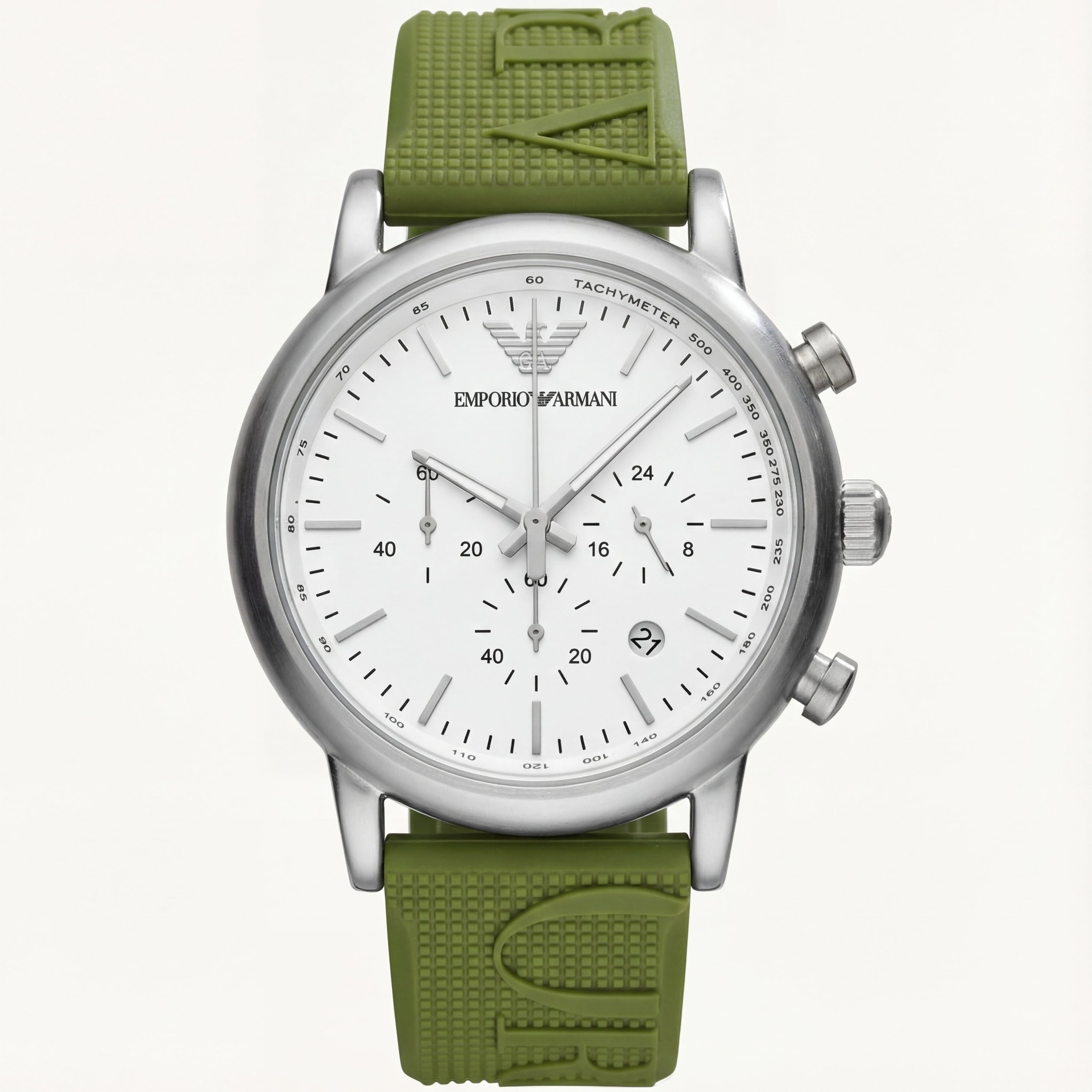 Silver Chronograph Watch for Men with White Dial & Green Strap