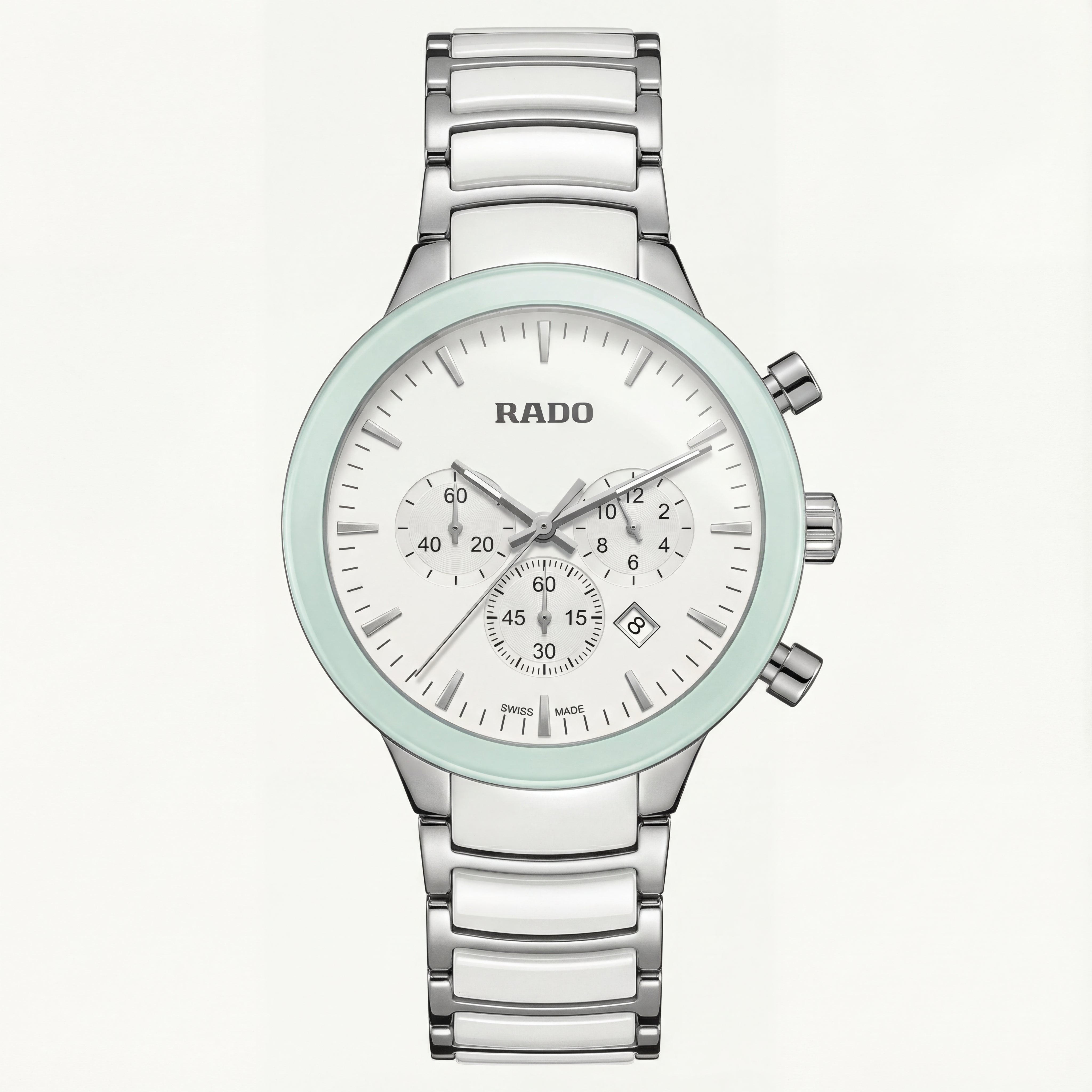 Luxury Chronograph Men’s Watch with White Dial & Mint Bezel