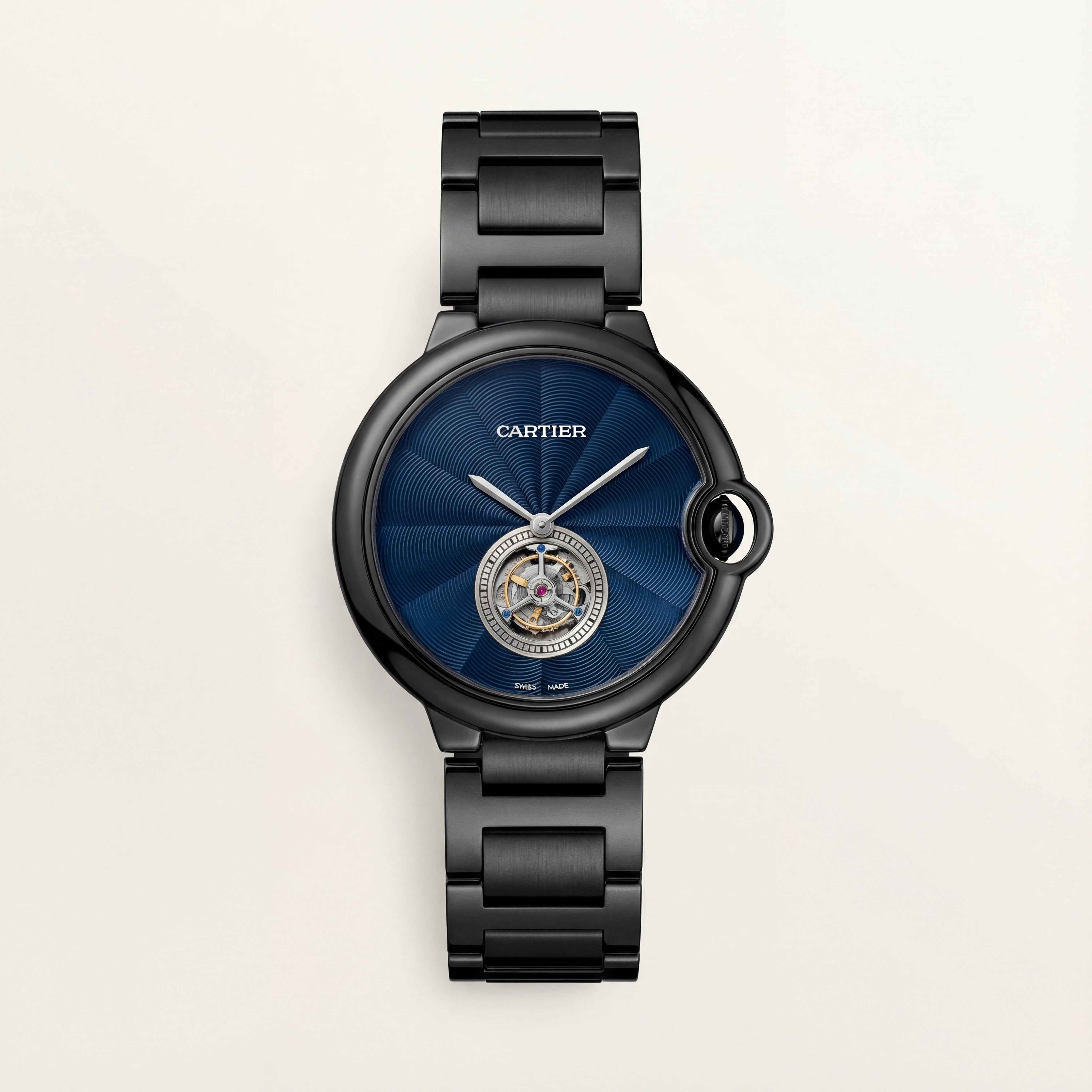 Black Open Heart Luxury Watch with Deep Blue Textured Dial