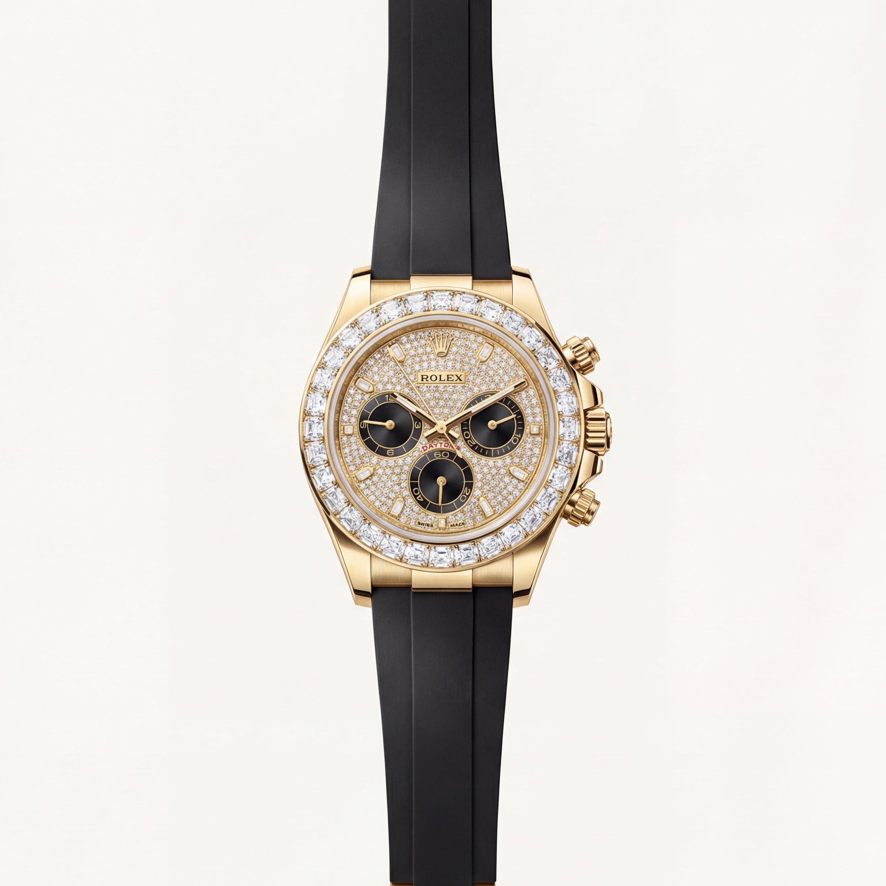Gold Finish Diamond Bezel Chronograph Watch with Black Rubber Strap