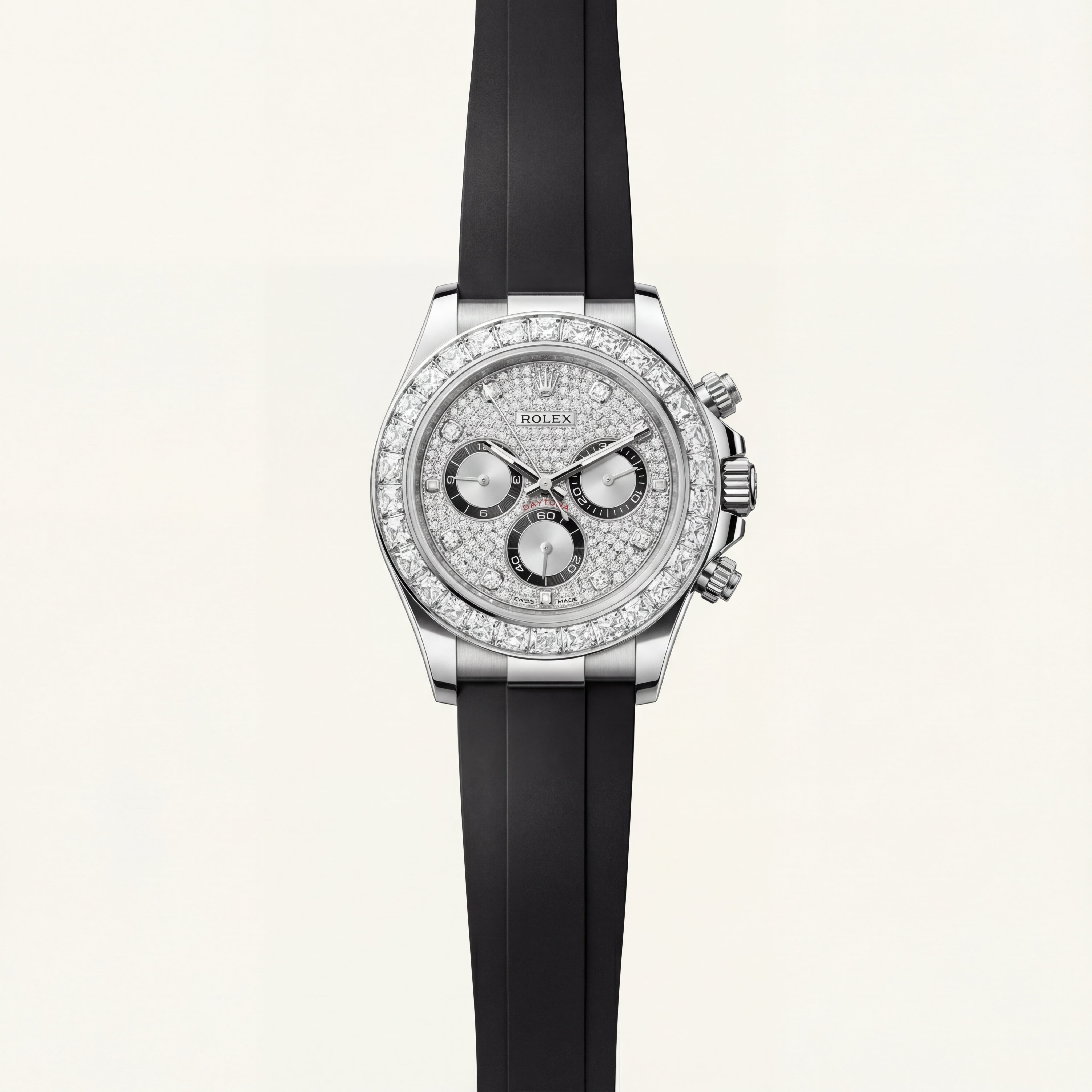 Silver Diamond Bezel Chronograph Watch with Black Rubber Strap